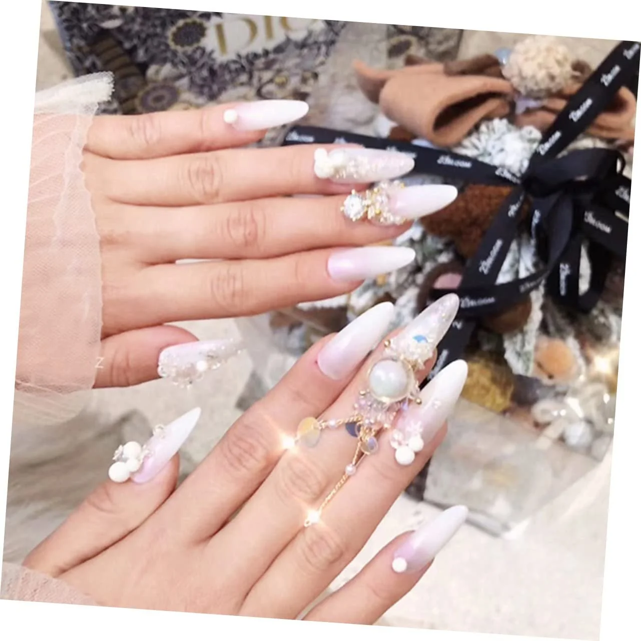 Украшение для ногтей Шар POPETPOP Хрустальный разноцветный, сверкающая цепочка с кисточками, жемчуг для маникюра разноцветный, фото №5