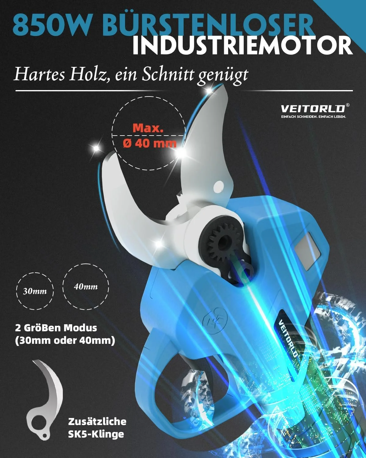 Секатори акумуляторні Veitorld, з безщітковим мотором 40 мм, 2 x 2000 mAh, фото №3