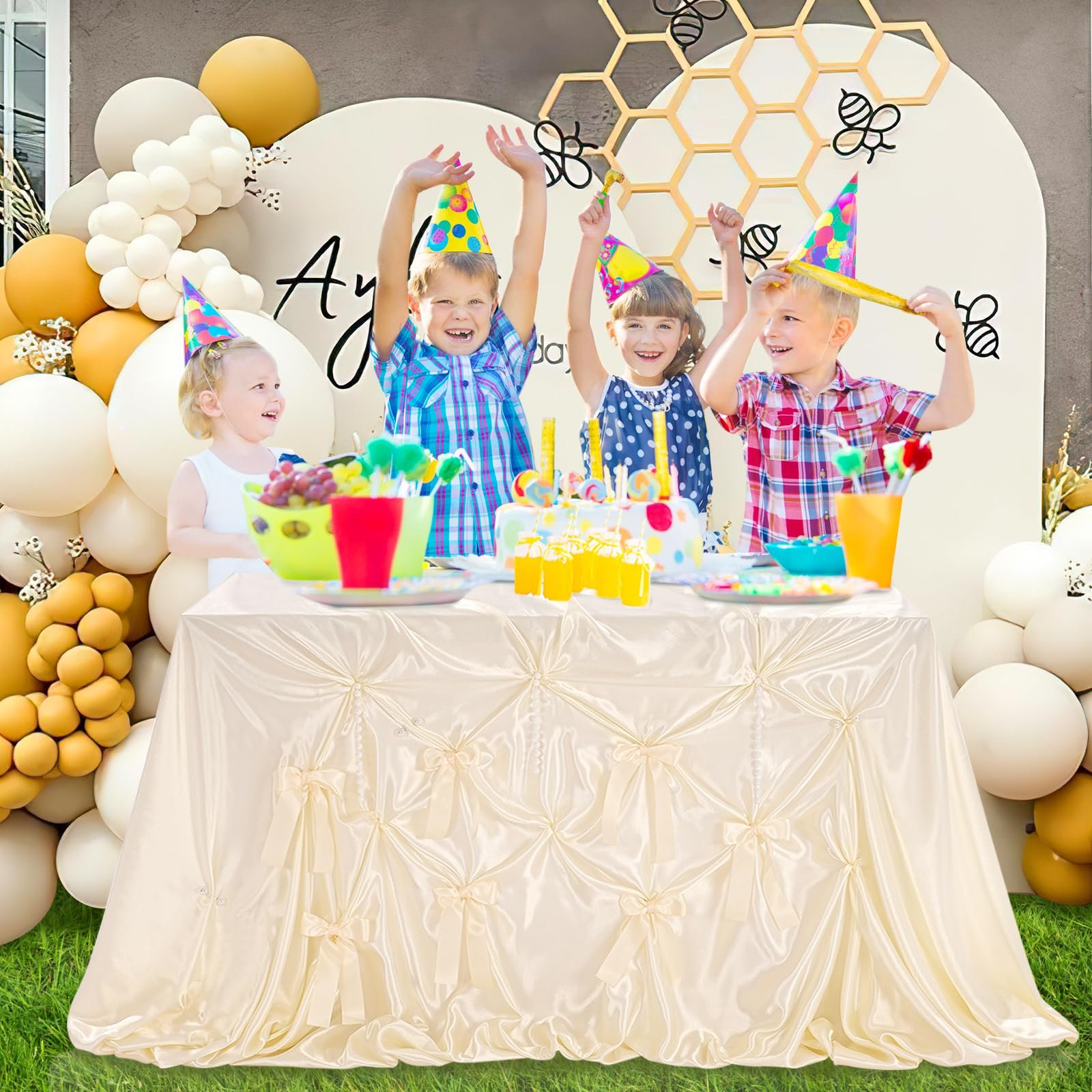 Скатертина сатинова DIY Design з бантами та намистинами 90 x 90 дюймів Cream, фото №4