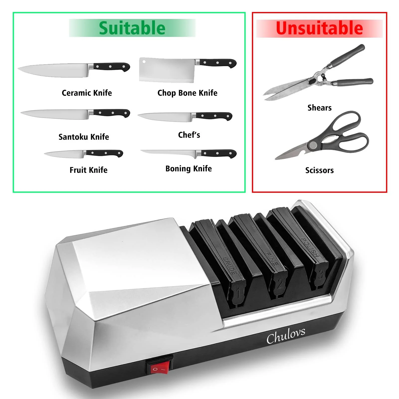 Точилка для ножів Chulovs 3-в-1 електрична алмазна 3-етапна Silver, фото №4