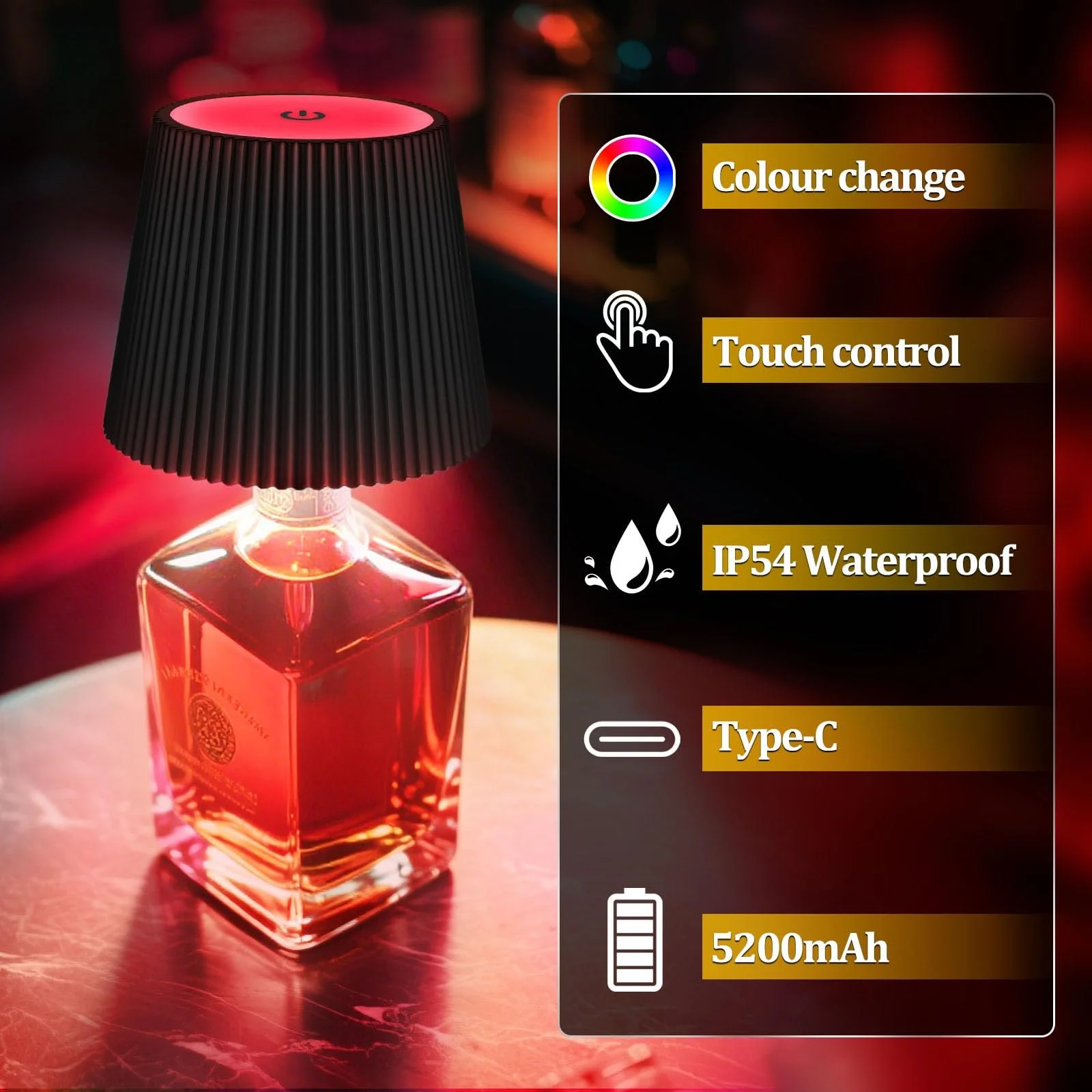 Лампи для пляшок набір 2 шт бездротові RGB теплі білі сенсорні акумуляторні USB-C водонепроникні, фото №3