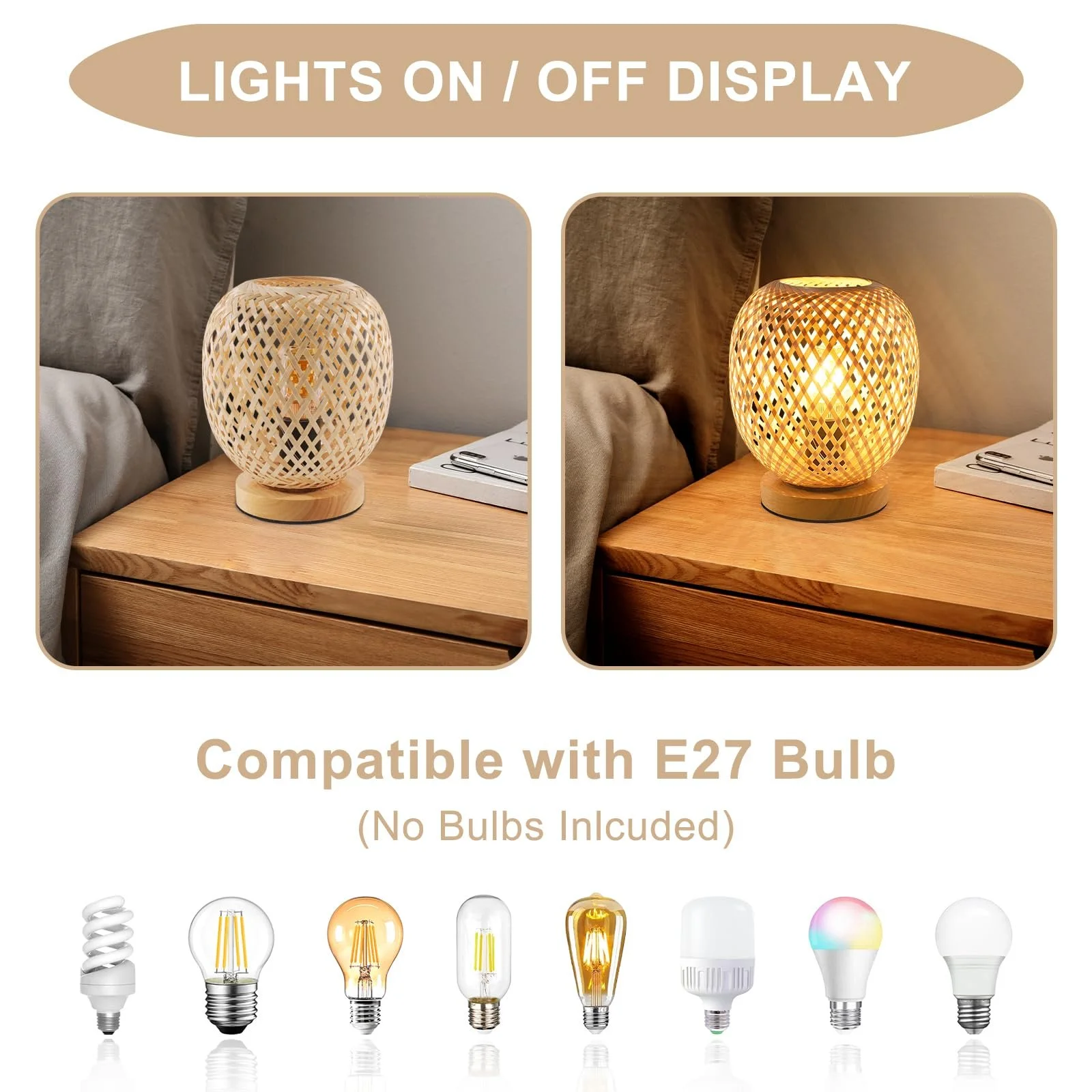 Настільна лампа Dorlink E27 Бамбукова Плетена Дерев'яна основа Димер, фото №6