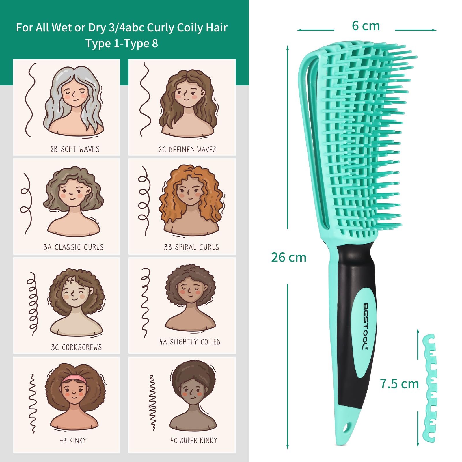 Расческа BESTOOL Pro Detangling для натуральных волос для афро волос от 3a до 4c Kinky, вьющихся, волнистых волос, легкое распутывание с влажными/сухими волосами, улучшение текстуры волос Зеленая, фото №2