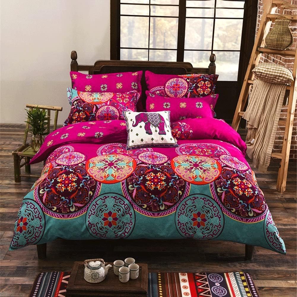 Постельное белье Freyamy Богемный Винтаж Boho Индийский Mandala 135 x 200 см Фуксия Бирюзовый Разноцветный (наволочка 80 x 80 см), фото №2