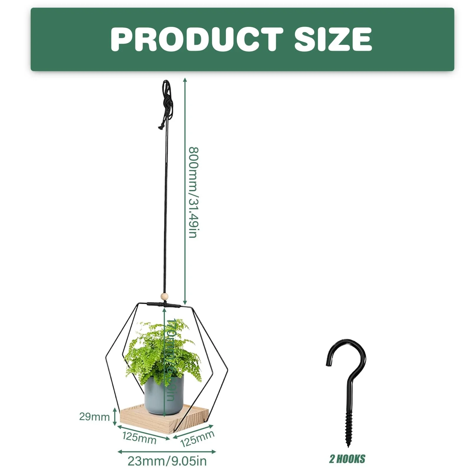 Кашпо подвесное металлическое кольцо с деревянным основанием шестигранное 2 шт черное, фото №2