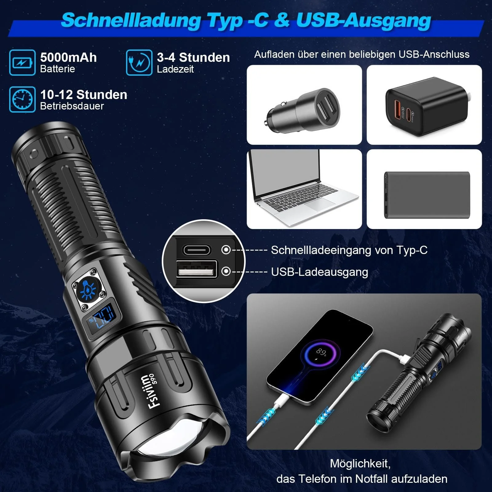 Ліхтар LED Акумуляторний, 500 000 Люмен, Тактичний, Регульований Zoom, для Кемпінгу, фото №6