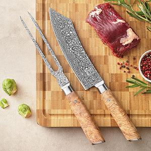 Набір для нарізання Zayiko Kinone Premium, 2 предмети, леза 18-20 см, 67 шарів дамаської сталі, руків'я з капа берези synthetic.ua - Фото 1