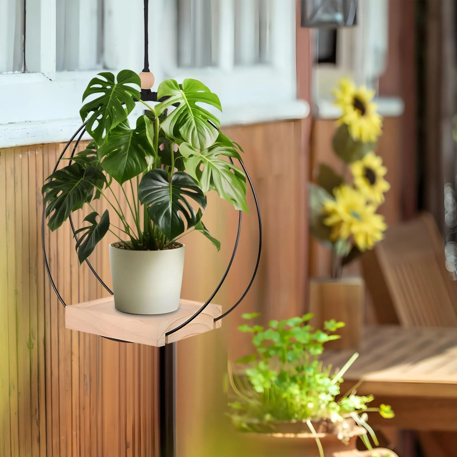 Подвесная корзина SI SEN Деревянное основание Металлический каркас Диаметр 30 см Крючок в комплекте, фото №7