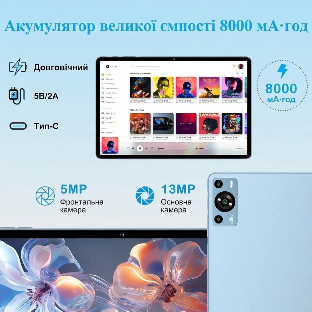 Планшет 11" ZIOVO Z128 8/256Gb 8 ядер Android 14 8000 mAh Блакитний, фото №4