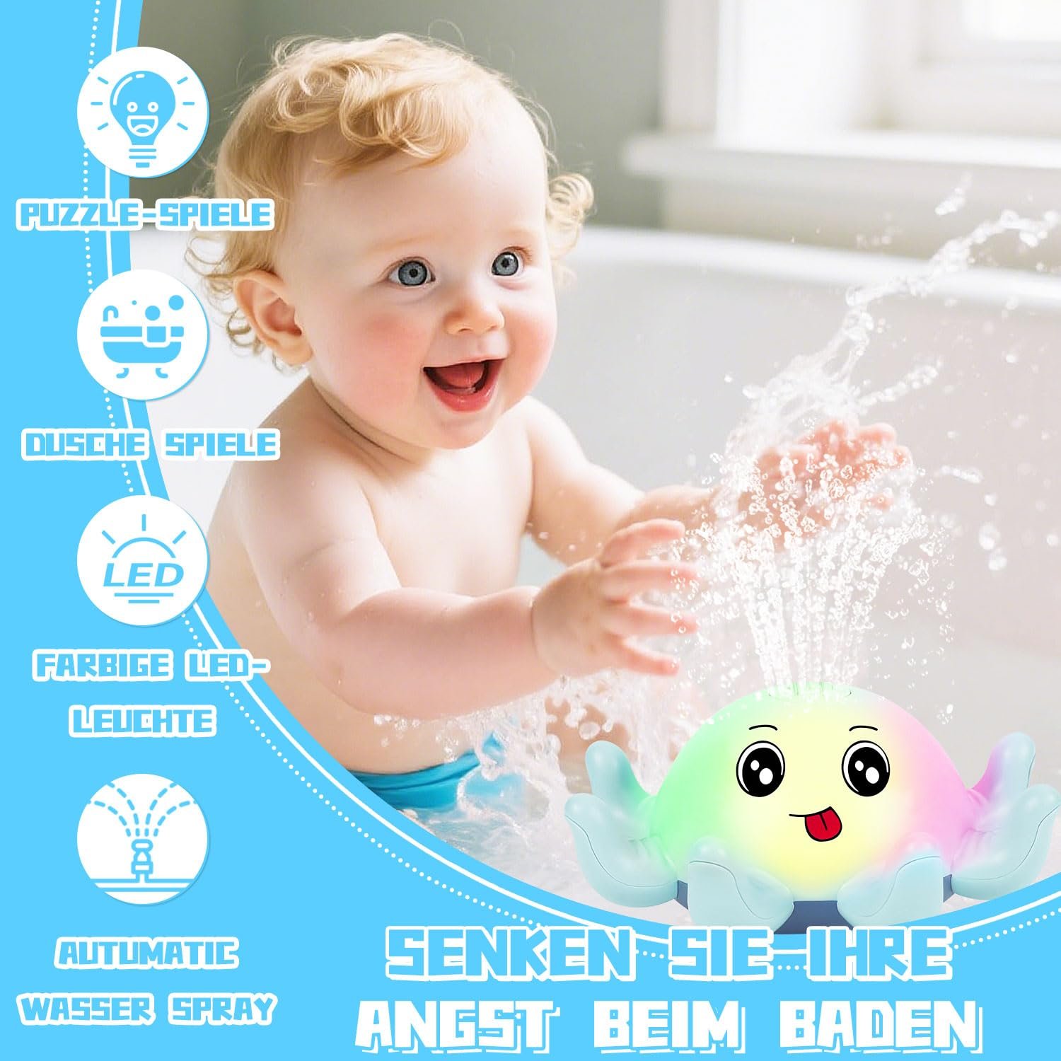 Іграшка для ванни Восьминіг з розпиленням води та світлом Синій, фото №2
