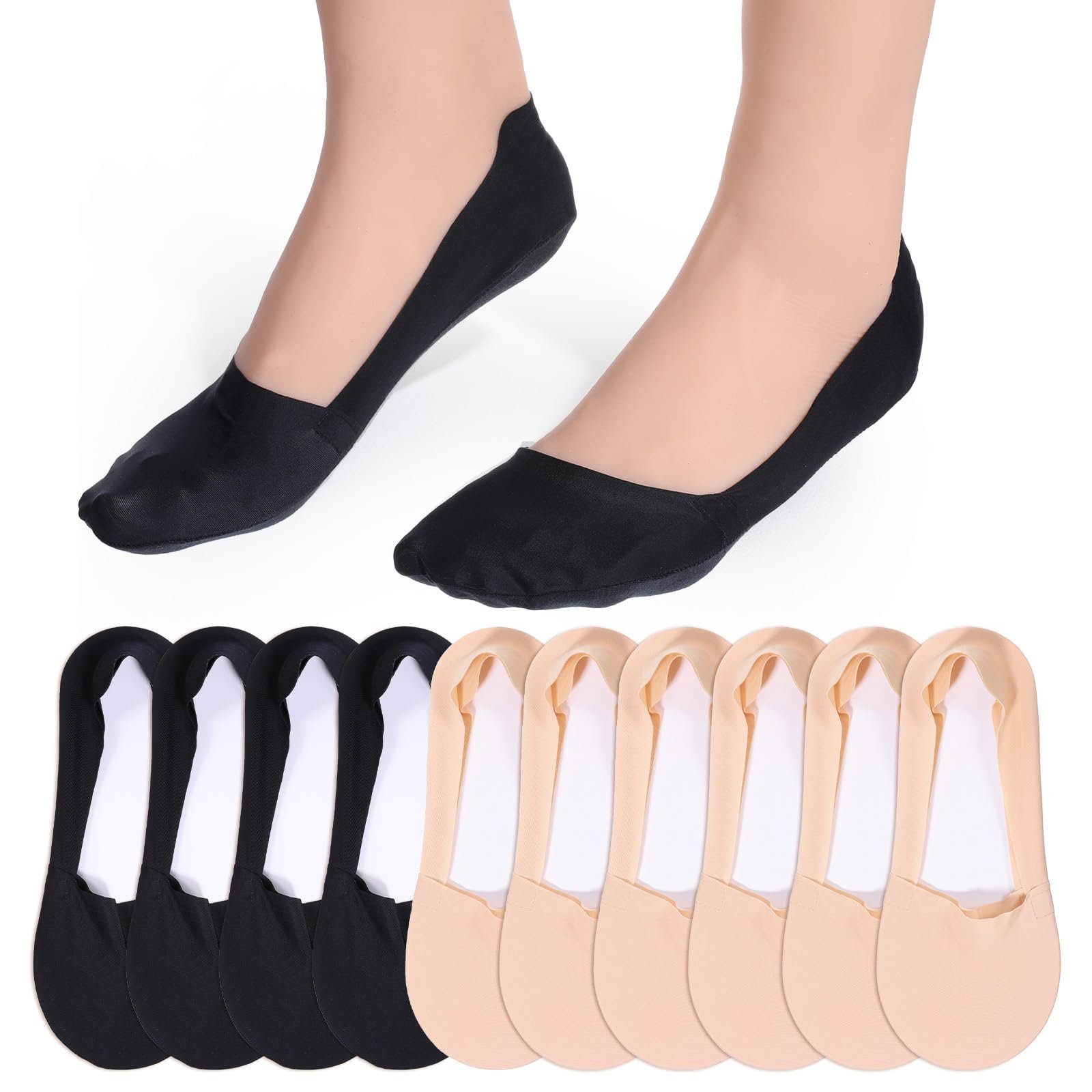 Женские носки-балетки 8 пар, Женские невидимые носки 35-38, Нескользящие невидимые носки для кроссовок, туфель-лодочек (Телесный, Черный), фото №1