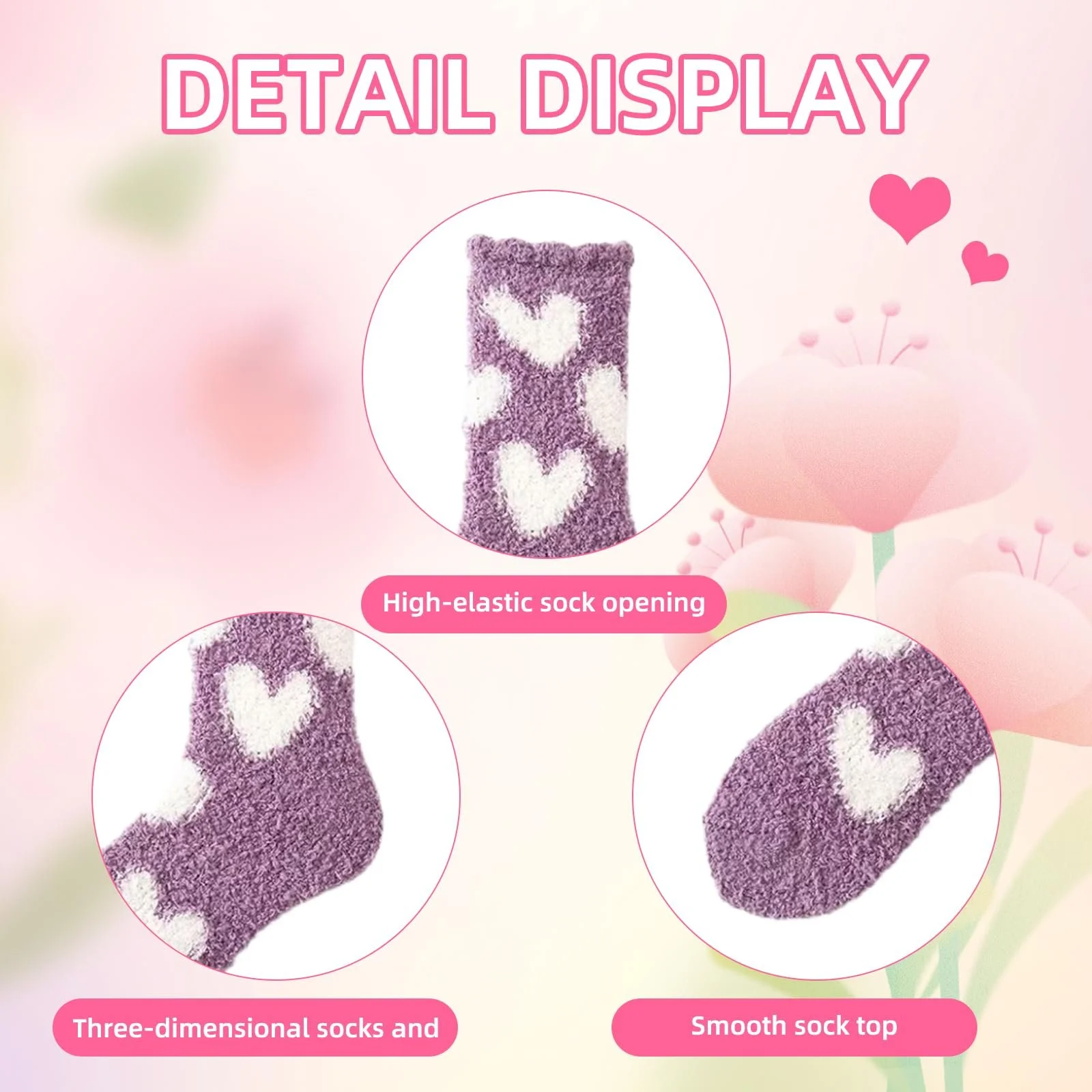 Носки Женские Пушистые 5 пар Теплые эластичные носки для сна Зимние мягкие термоноски Толстые носки для дома Рождественские (Узор сердце), фото №5