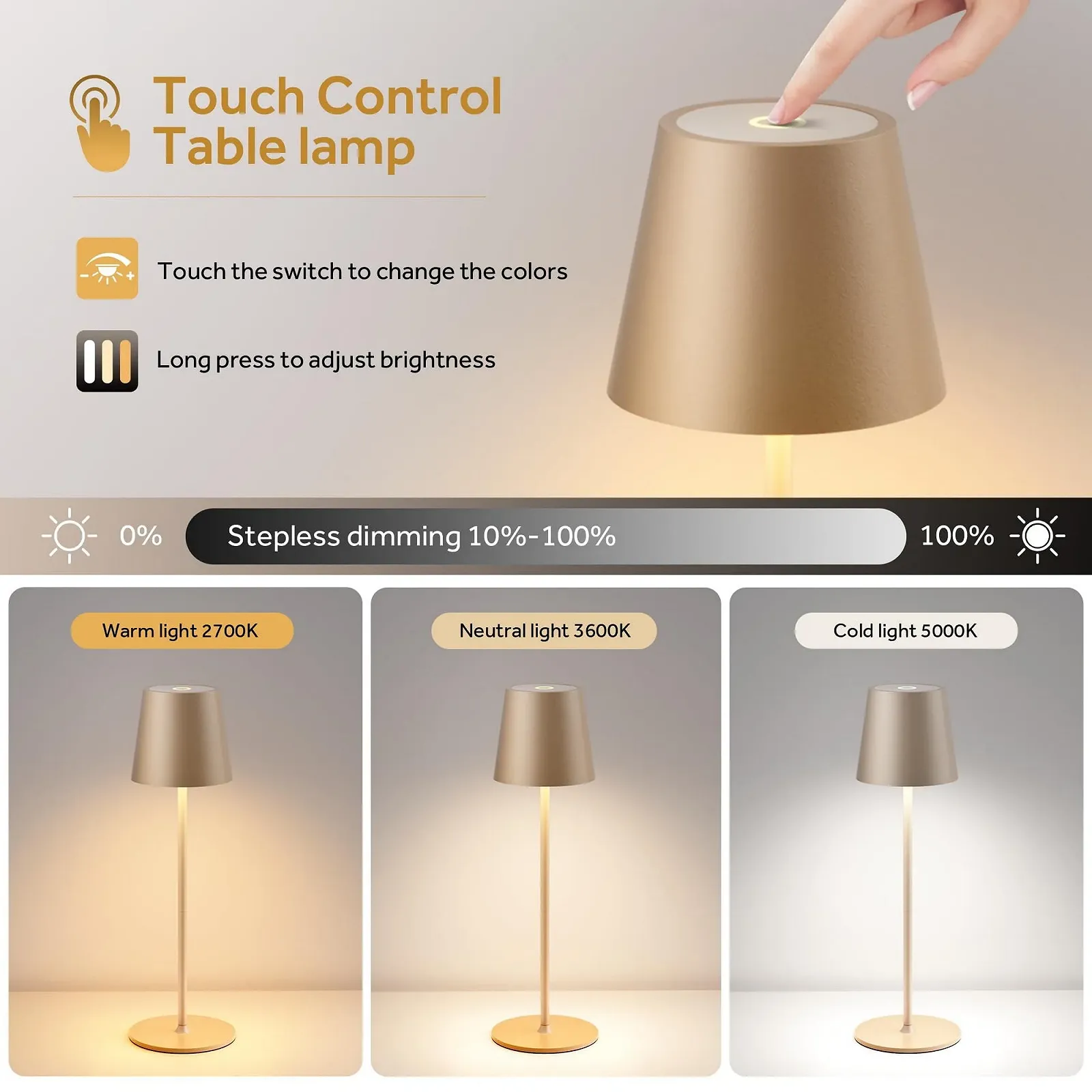 Настільні лампи 2 шт. LED акумуляторні сенсорні димовані 5200 mAh IP54 Бежеві, фото №5