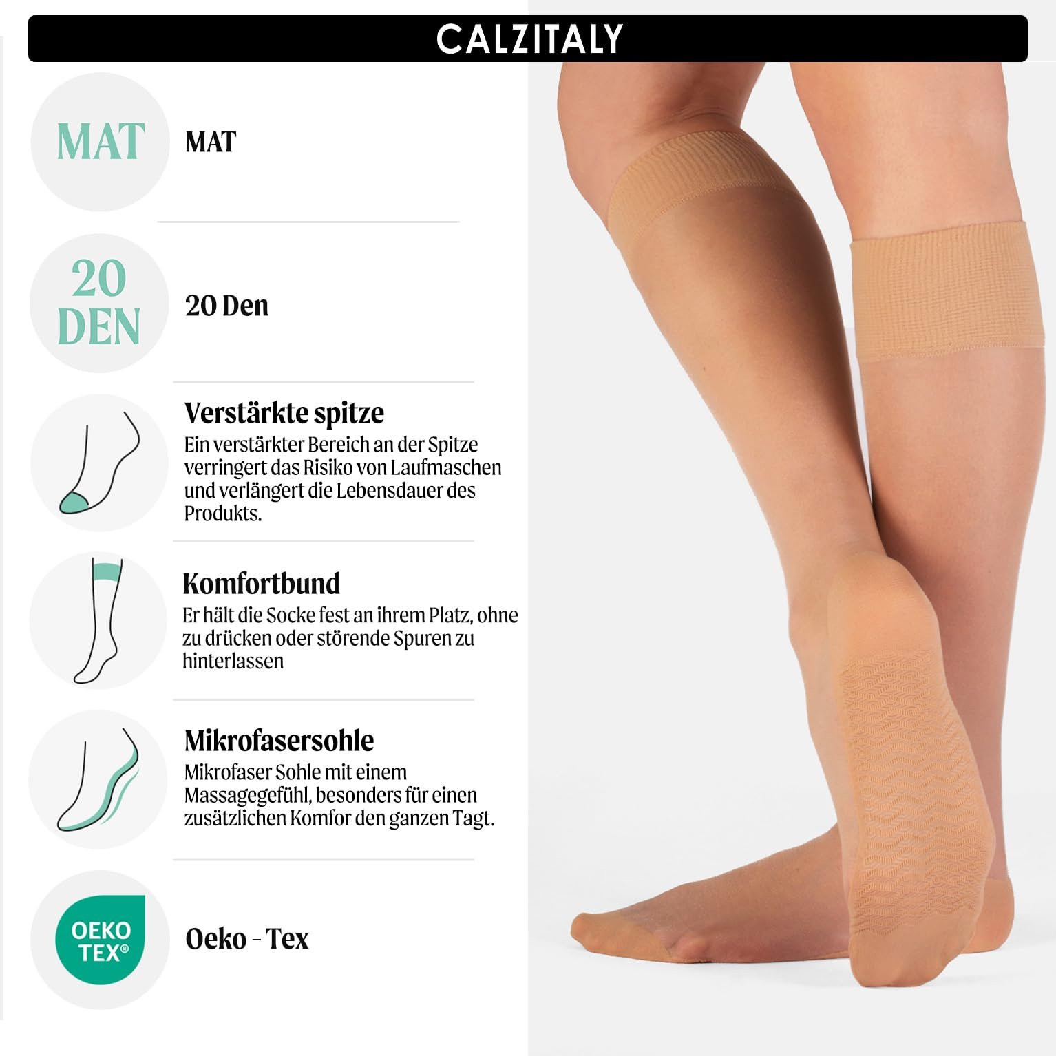 Шкарпетки до коліна CALZITALY 6 пар з масажною підошвою з мікрофібри Чорний, Тілесний, Синій 20 Denier, фото №2