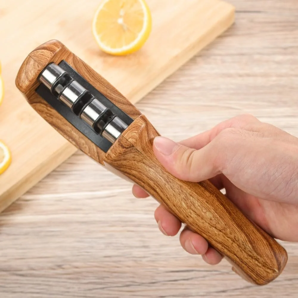 Точилка для ножів ручна 3-ступенева портативна дерев'яна сталь вольфрам, фото №7