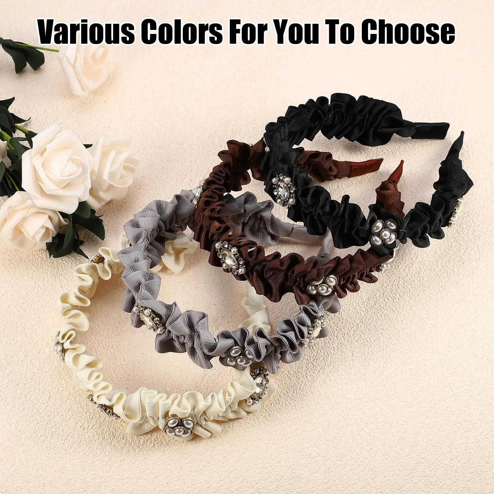 Обруч VOCOSTE Плісирований зі стразами, штучний перли, жіночий, чорний, фото №7