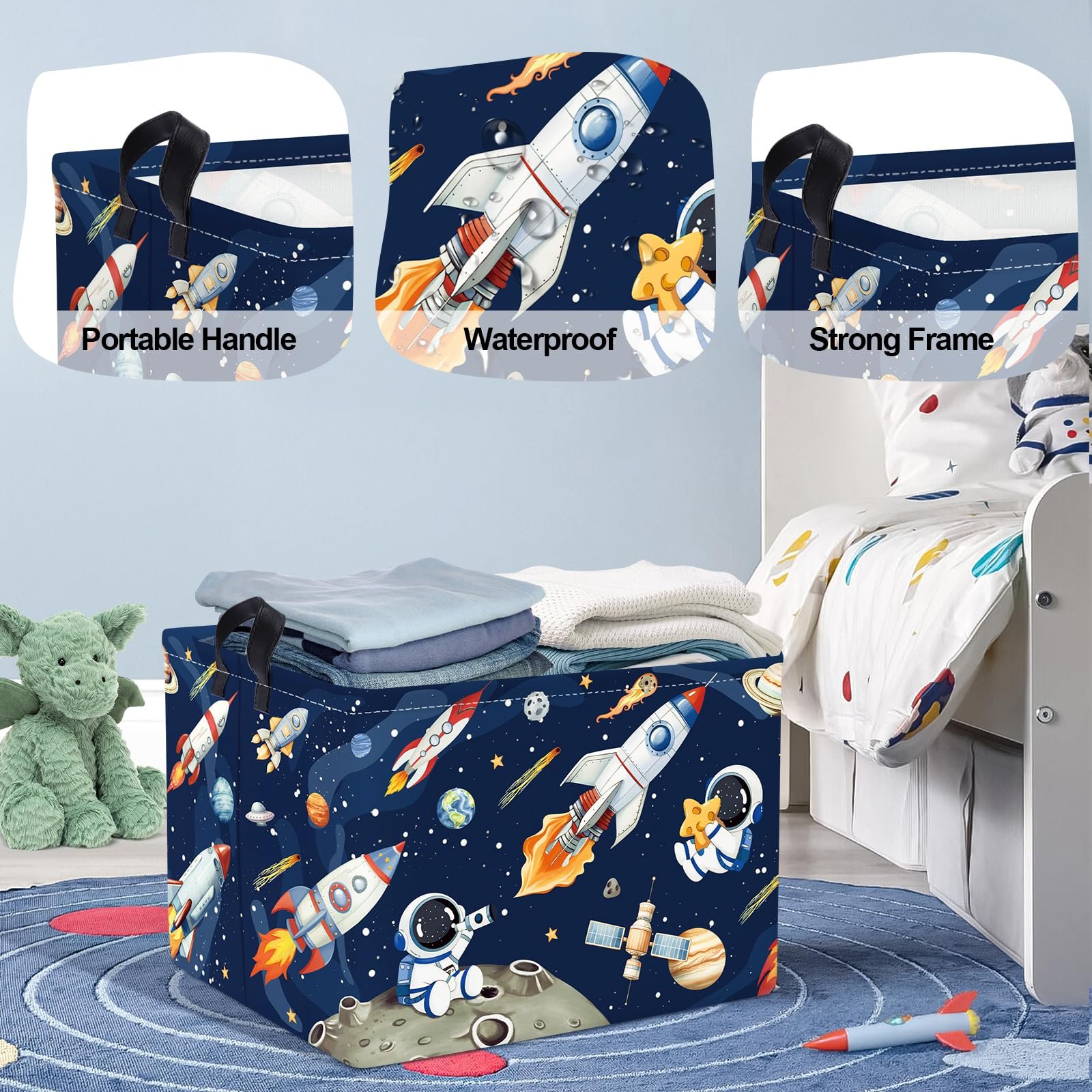 Корзина для игрушек HUUMONSS Космические ракеты Детская складная для мальчиков Большая, Синий, 36 л, фото №4