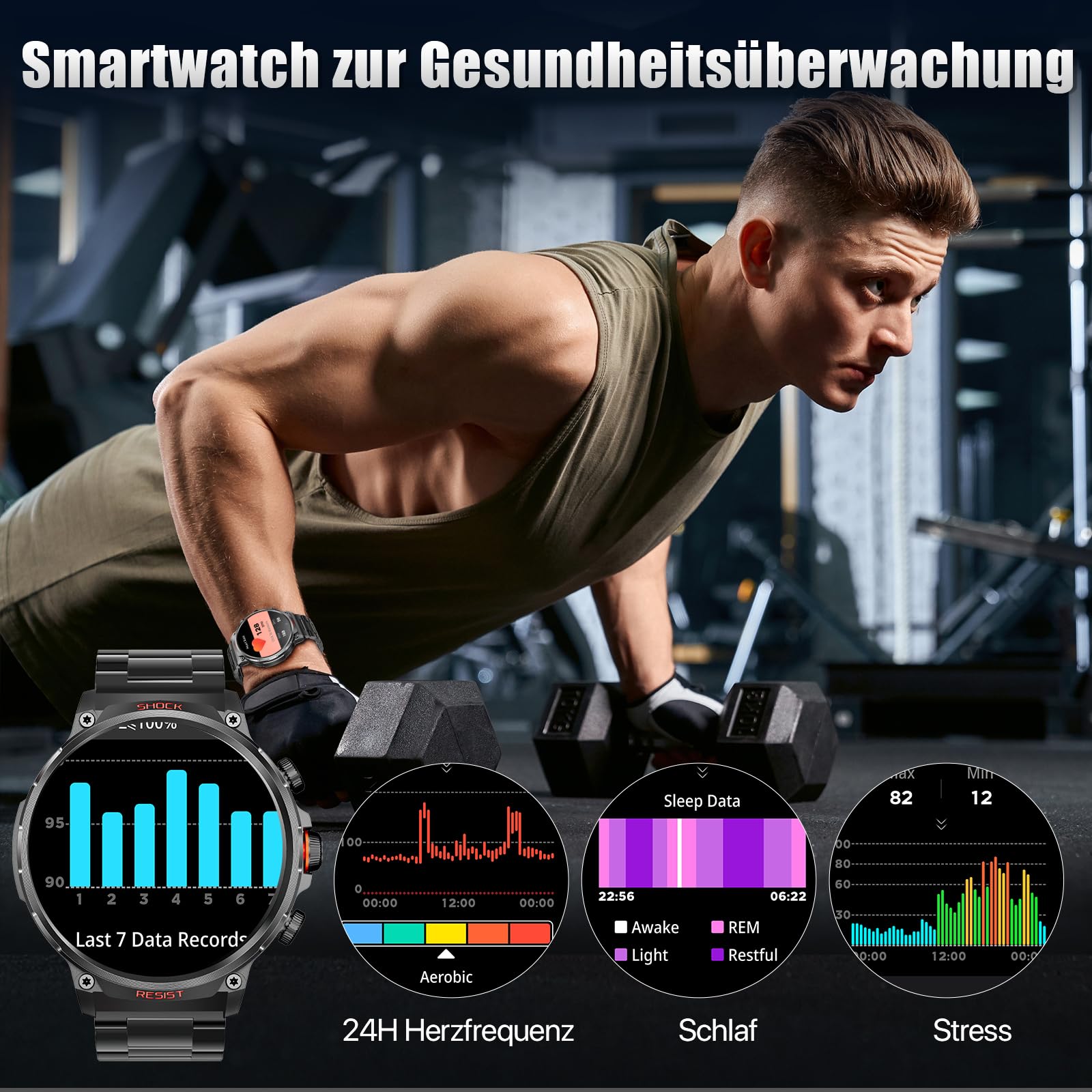 Смарт-годинник WalkerFit з телефоном, 1.85 дюйма HD, військовий, з батареєю 710 мАг, водонепроникний, з монітором сну, 100+ спортивних режимів, фото №4