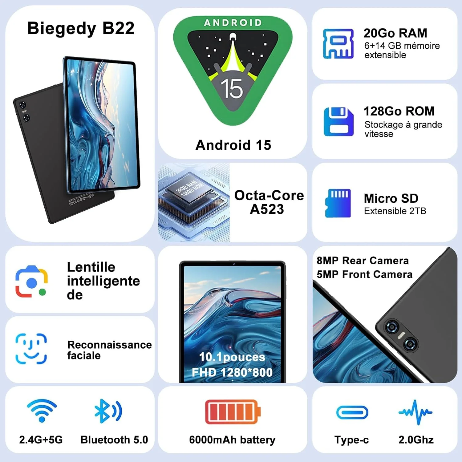 Планшет 10.1" Biegedy B22 6+14/128Gb 8 ядер Android 15 6000 mAh Чорний, фото №2