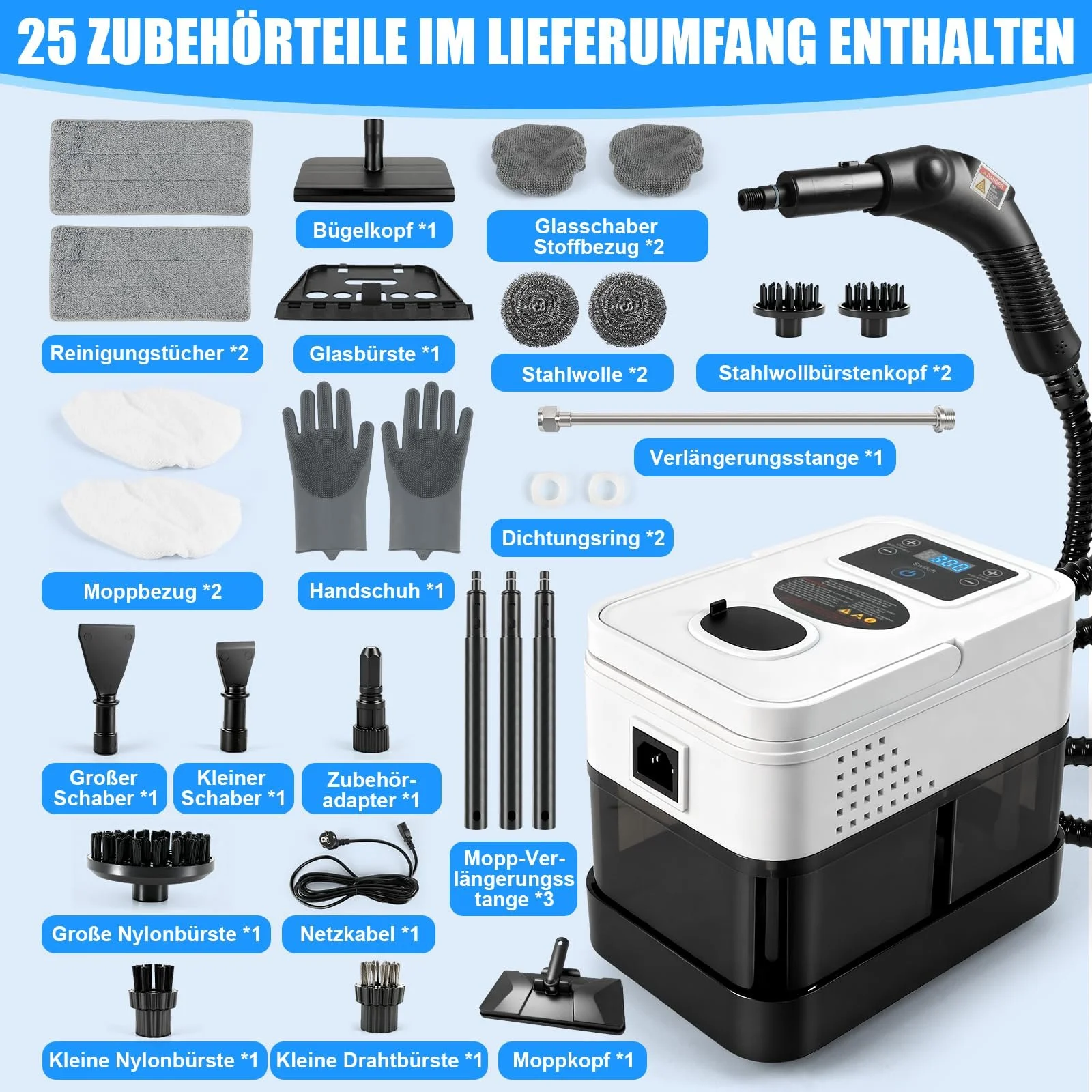 Ручний пароочисник 2500 Вт 1800 мл з 19 аксесуарами, фото №8 Ручний пароочисник 2500 Вт 1800 мл з 19 аксесуарами, фото №8