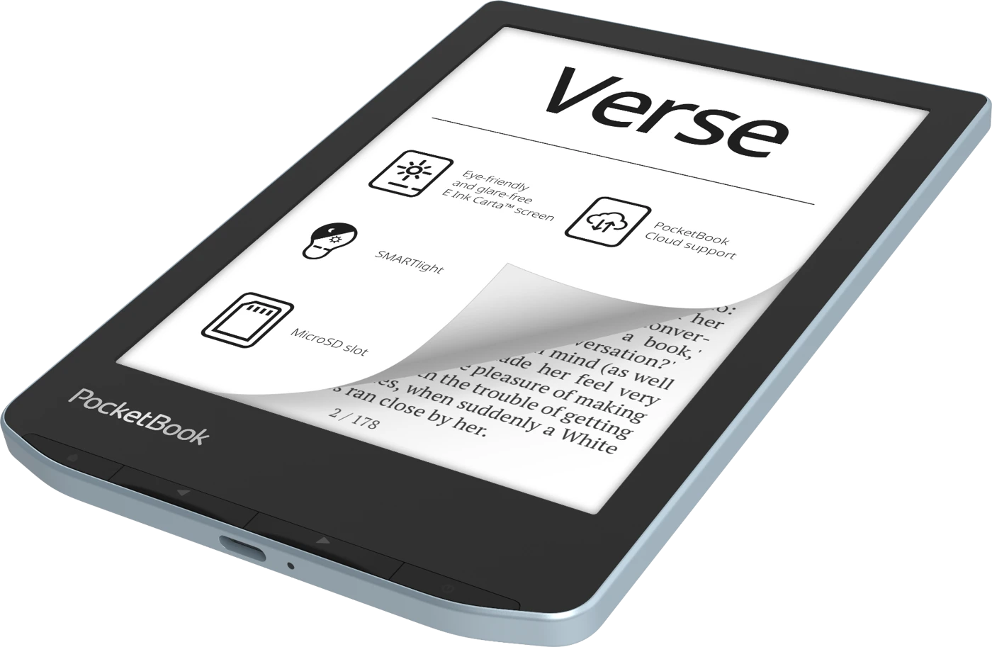 Электронная книга 6" PocketBook Verse PB629 / 8ГБ / Wi-Fi / SD слот / Сенсорный E-Ink экран (1024 × 758) / Настраиваемая яркость / До 4 недель работы от батареи / Берюзовый, фото №2 Электронная книга 6" PocketBook Verse PB629 / 8ГБ / Wi-Fi / SD слот / Сенсорный E-Ink экран (1024 × 758) / Настраиваемая яркость / До 4 недель работы от батареи / Берюзовый, фото №2