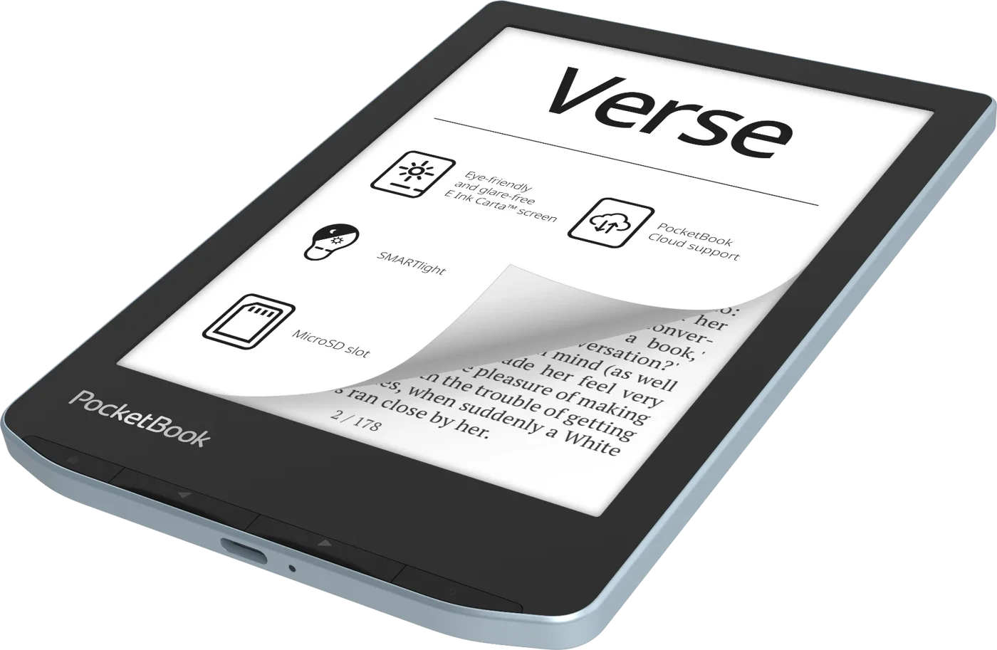 Електронна книга 6" PocketBook Verse PB629 / 8ГБ / Wi-Fi / SD слот / Сенсорний E-Ink екран (1024 × 758) / Настроювана яскравість / До 4 тижнів роботи від батареї / Блакитний, фото №2 Електронна книга 6" PocketBook Verse PB629 / 8ГБ / Wi-Fi / SD слот / Сенсорний E-Ink екран (1024 × 758) / Настроювана яскравість / До 4 тижнів роботи від батареї / Блакитний, фото №2