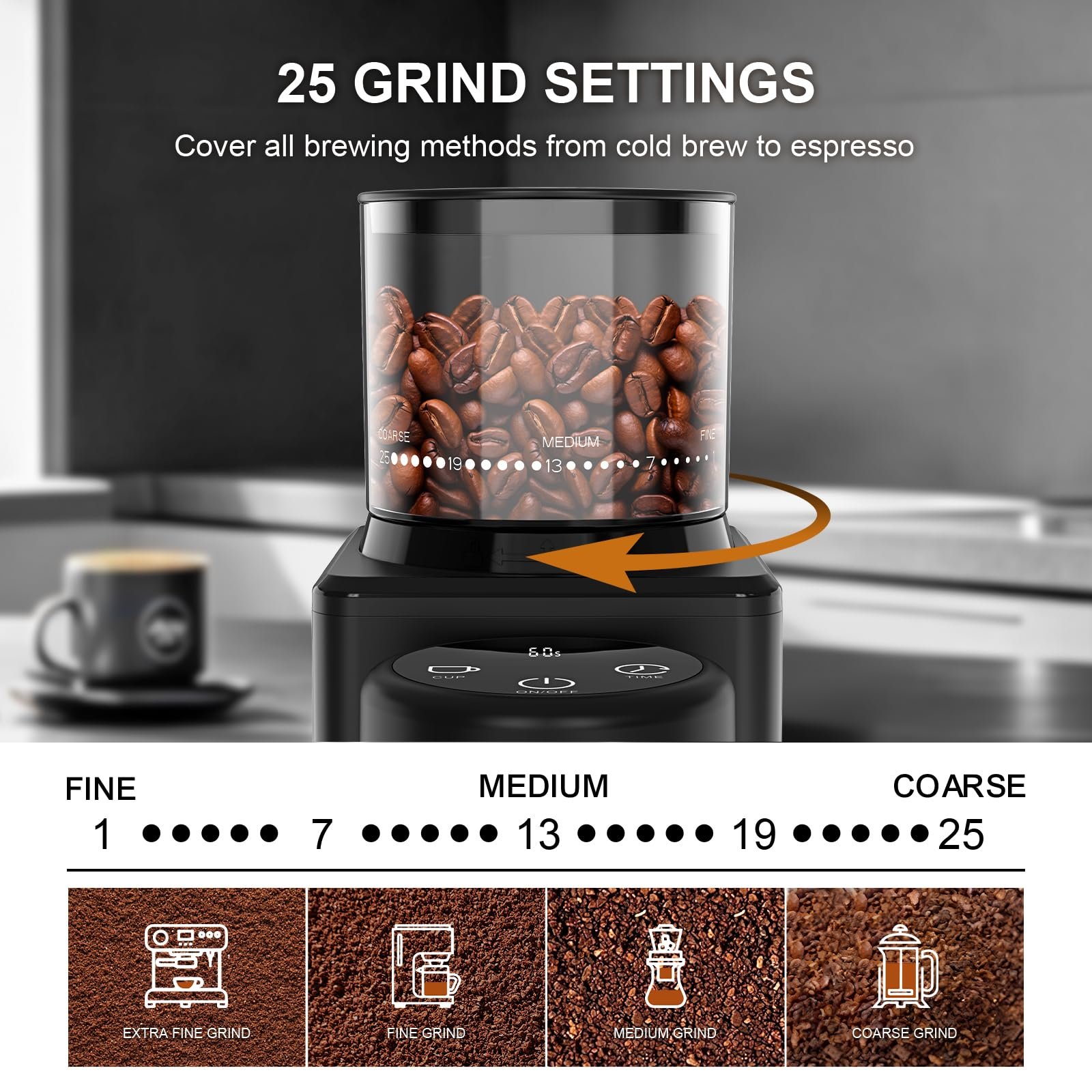 Кофемолка электрическая KIRAINAFLY Коническая 25 уровней помола Черный, фото №3