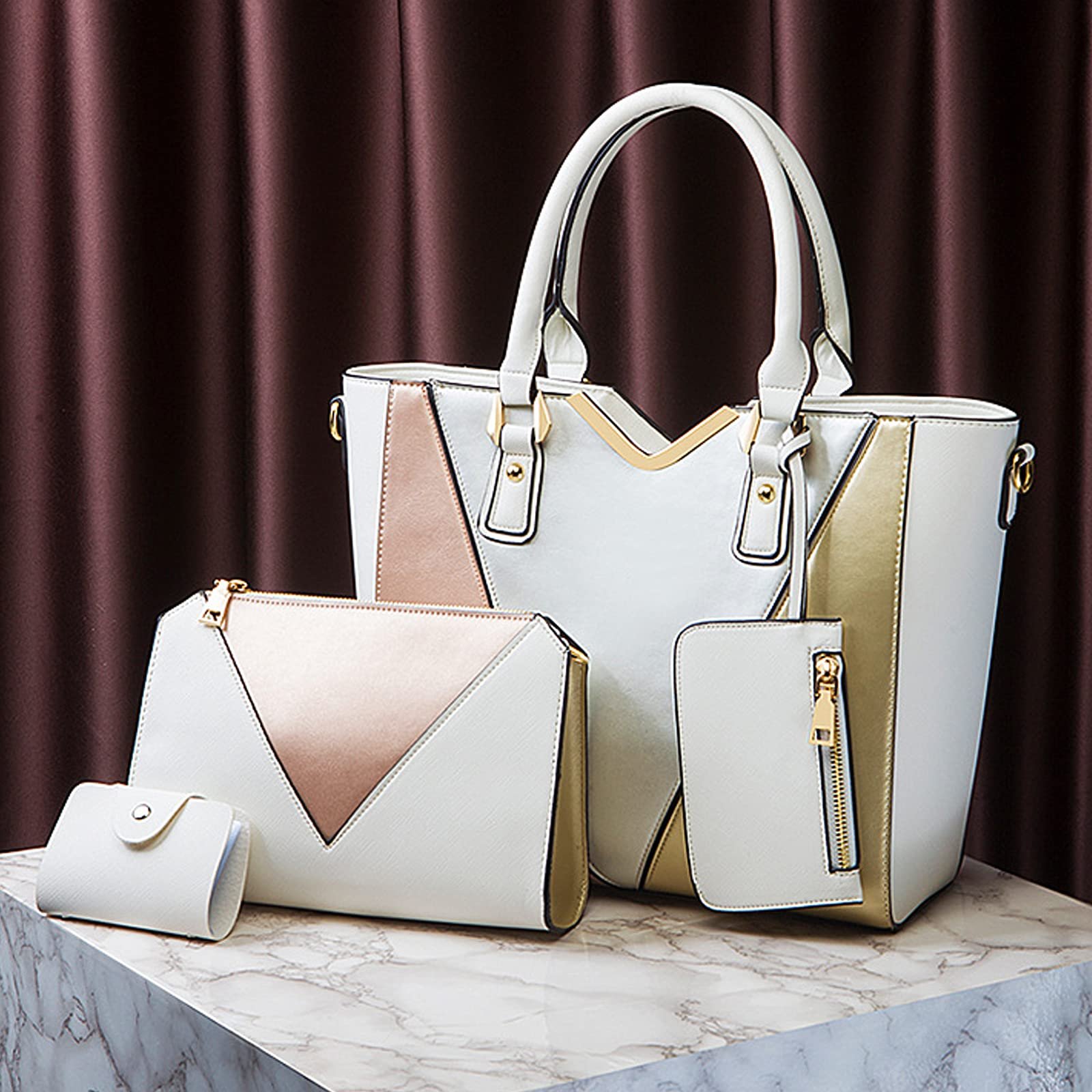 Сумка с короткими ручками NICOLE & DORIS Большая V-образный Цветной блок Комплект из 4 предметов Белый, фото №3 Сумка с короткими ручками NICOLE & DORIS Большая V-образный Цветной блок Комплект из 4 предметов Белый, фото №3