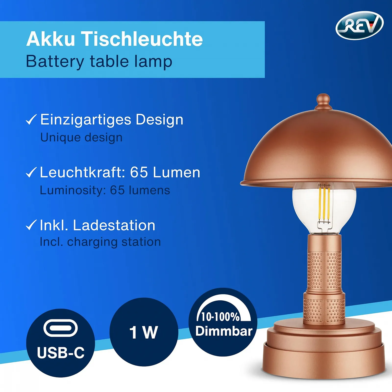 Світлодіодна настільна лампа REV Wireless Classic Mushroom Lamp акумуляторна сенсорна Мідна, фото №2