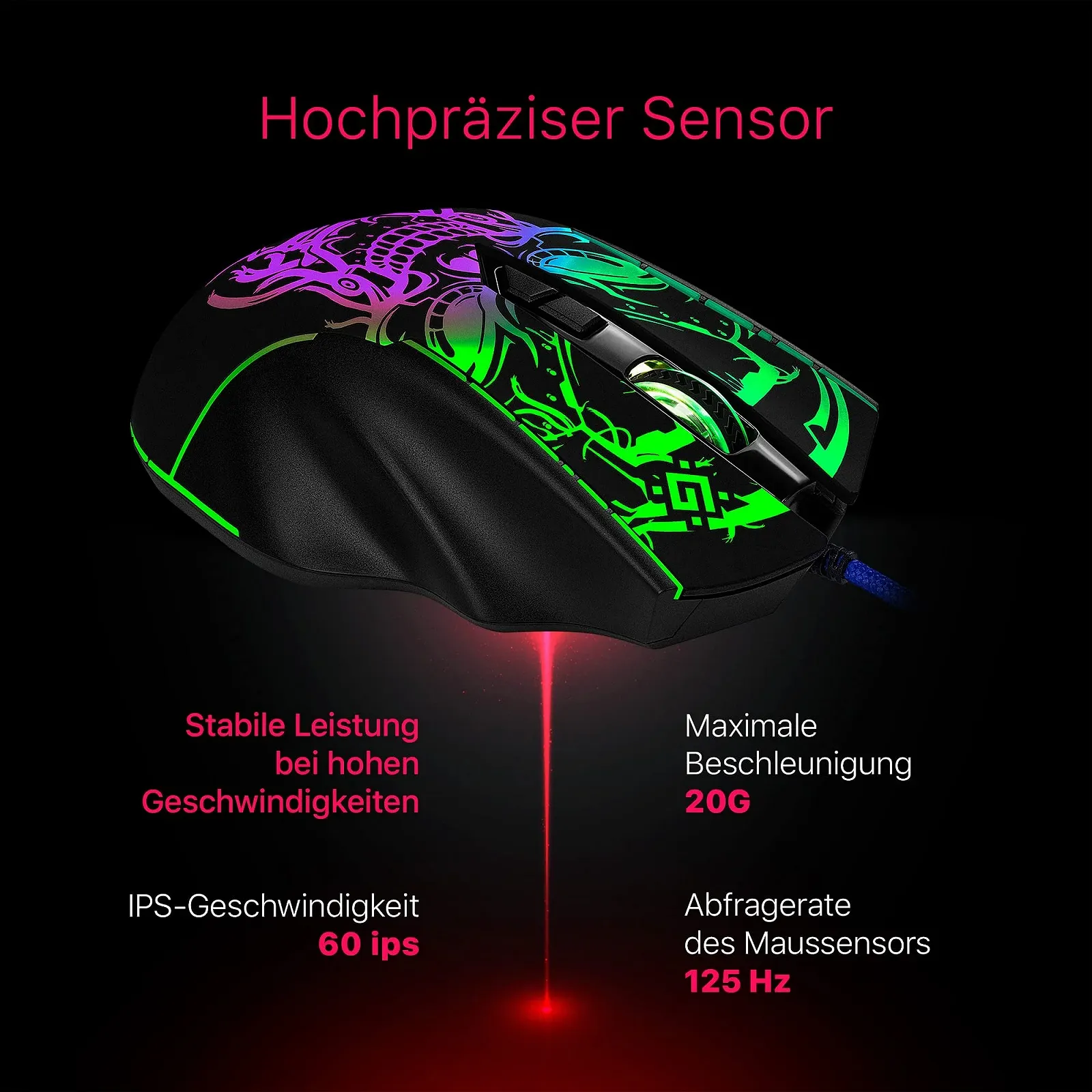 Миша ігрова Defender Bulletstorm GM-928 дротова, ергономічна, з оптичним сенсором, 7 кнопок, 4 режими DPI, багатокольорове підсвічування, Soft Touch корпус, чорна, фото №4