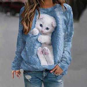 Женская Толстовка с принтом котенка Свободный крой Осень Круглый вырез Изображение животных Длинный рукав Милый Модный Мультяшный Винтажный Комфортный Университет Мода Y2K synthetic.ua - Фото 1