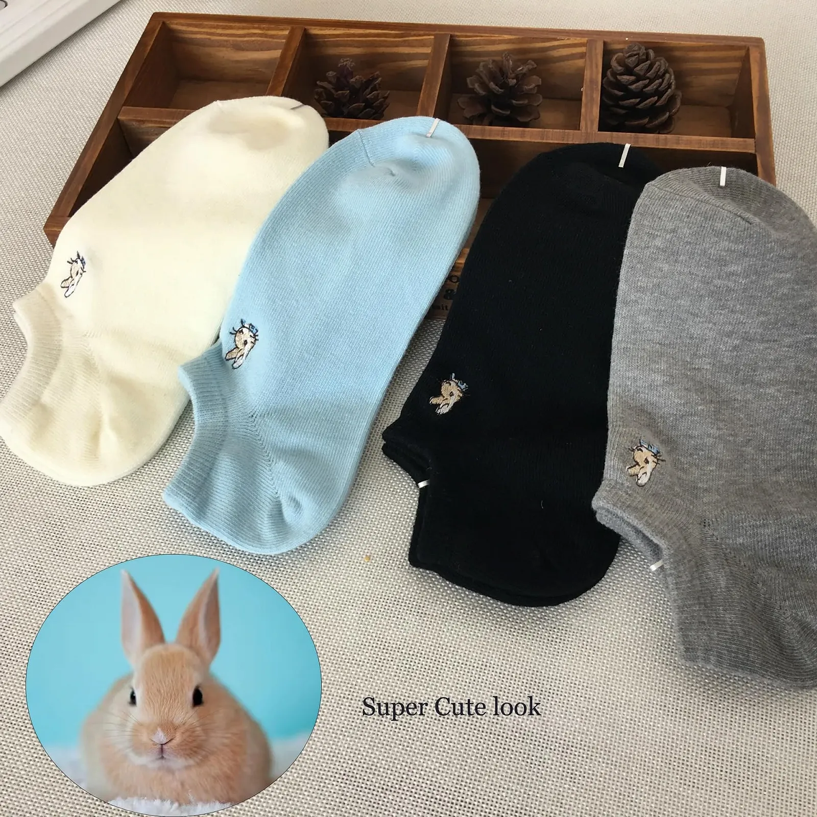 4 пари жіночих шкарпеток з вишивкою кролика, короткі бавовняні шкарпетки, фото №6