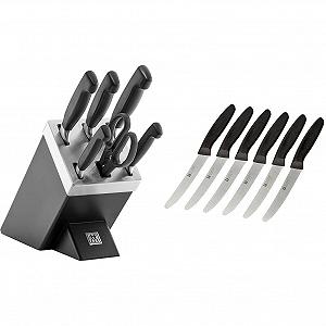 Набір ножів ZWILLING Four Star, 7 предметів і набір ножів Twin Grip, кухонний ніж, 6 предметів, довжина леза: 12 см, нержавіюча сталь Special Steel/пластикова ручка, чорний - Фото 1