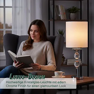 Настільна лампа Relaxdays зі скляною основою та тканинним абажуром E27 50 x 18,5 см Кришталевий дизайн Білий/Сріблястий synthetic.ua - Фото 1