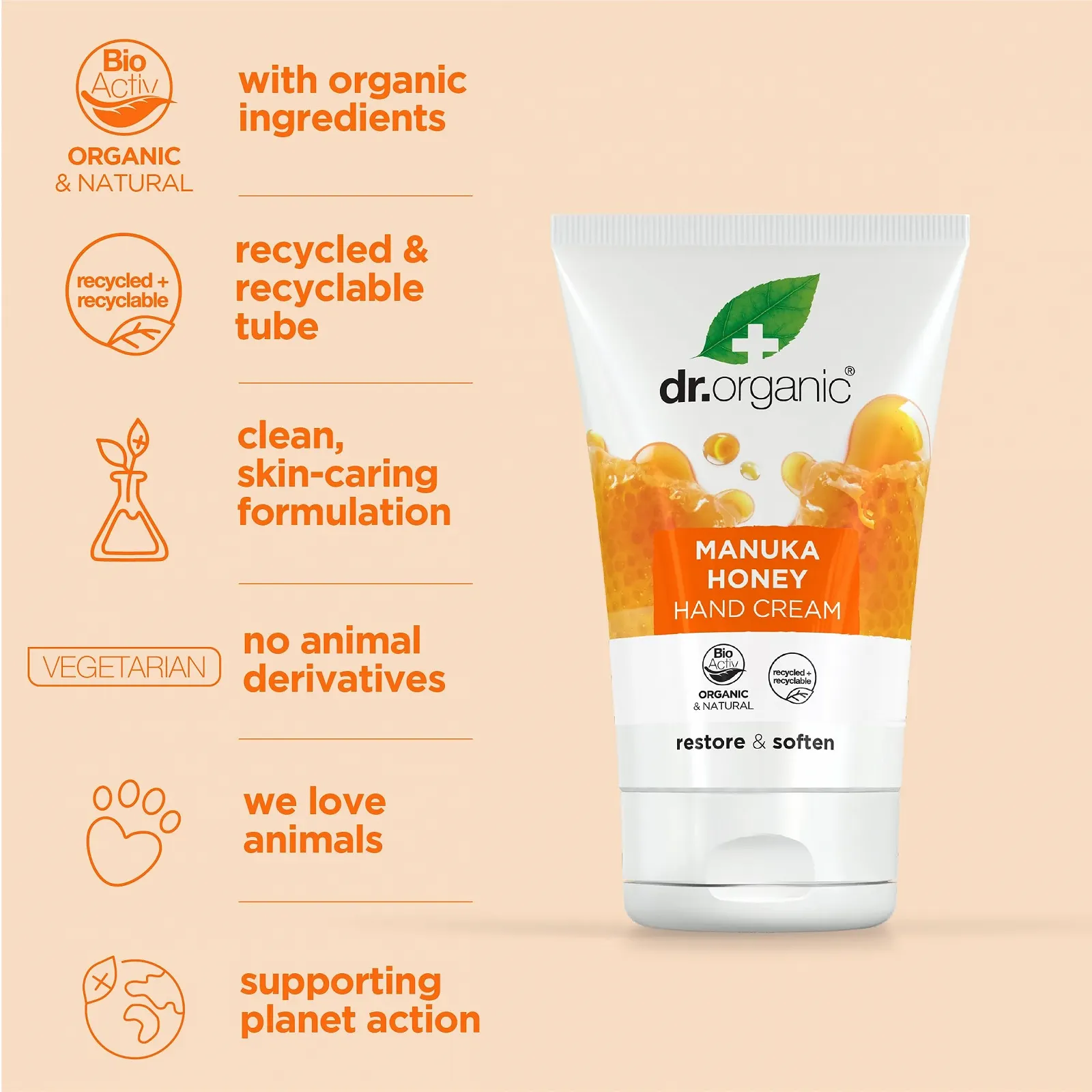 Крем для рук Dr Organic Manuka Honey Увлажняющий для сухой кожи для мужчин для женщин Натуральный Вегетарианский Не тестировался на животных Без парабенов и SLS Органический 125 мл, фото №4