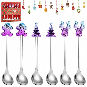 Ложка новогодняя, Ложка для кофе новогодняя, Набор новогодних ложек, Ложка с лосем, Ложка для смешивания, Ложка из нержавеющей стали с лосем, Ложка для кофе с лосем, Десертная ложка (6, Серебряная) - Фото 1