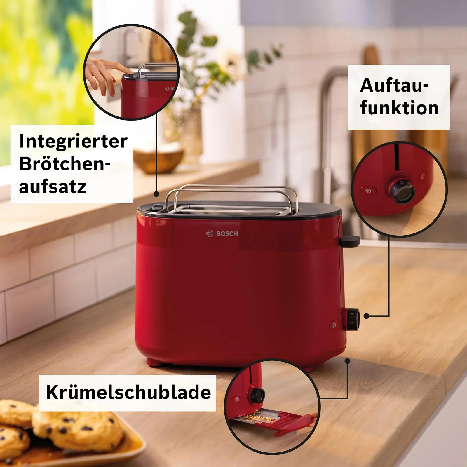 Тостер Bosch MyMoment TAT2M124 Compact з інтегрованою хлібною насадкою, функцією розморожування, автоматичним вимкненням, функцією підйому, центруванням хліба, ідеально підходить для 2 скибочок, 800 Вт, фото №3