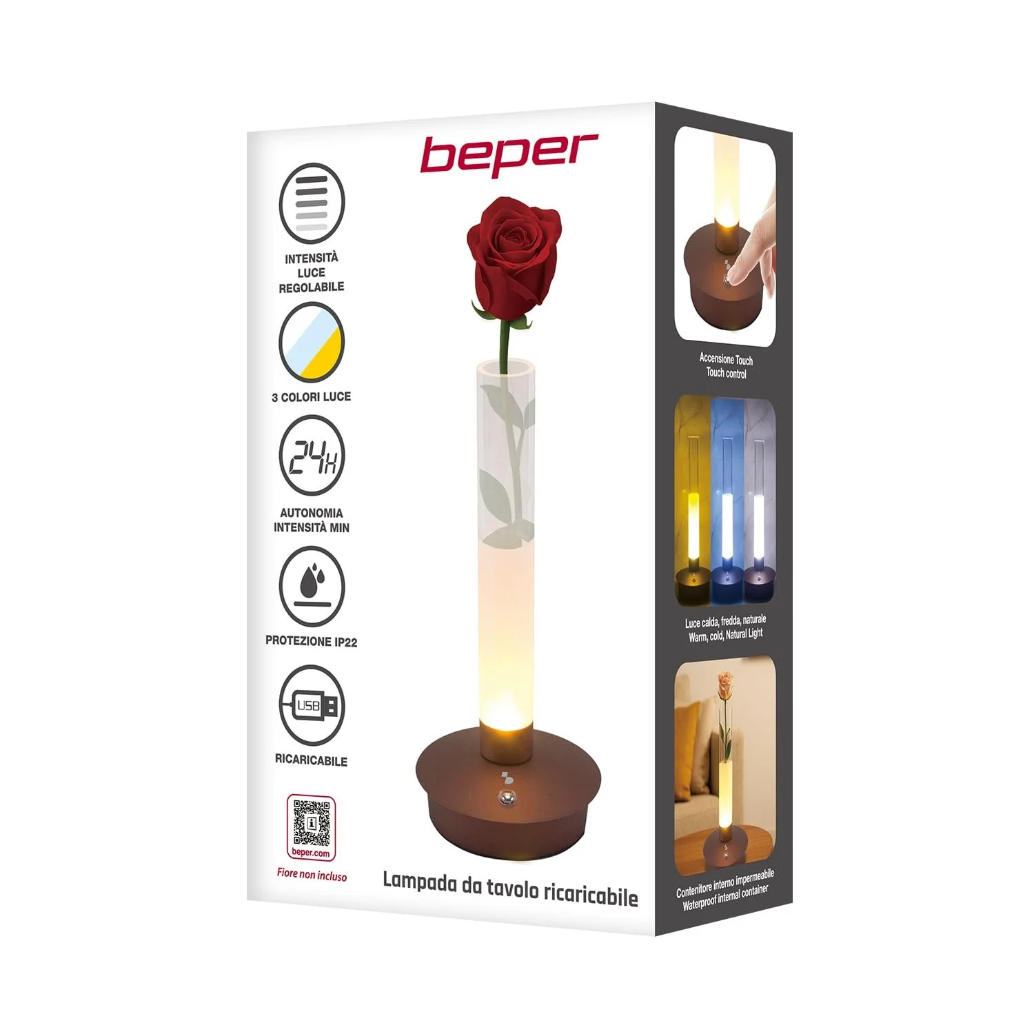 Настільна лампа BEPER FLORA P207ILI550 акумуляторна сенсорна LED з вазою для квітів 3 кольори світла 24 години роботи USB, фото №7