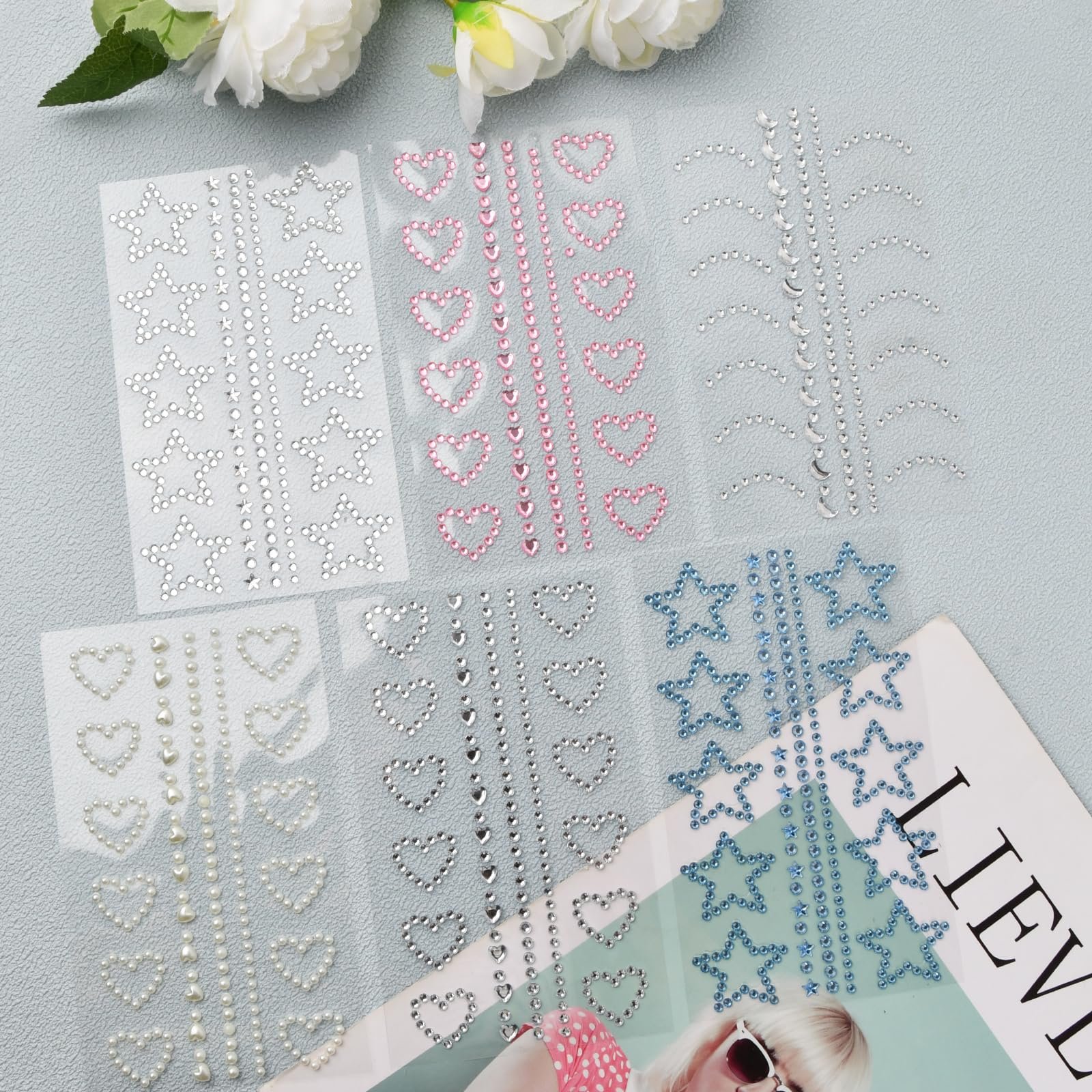 Наклейки Самоклеящиеся Блестящие Камни для Лица, 6 листов, фото №7