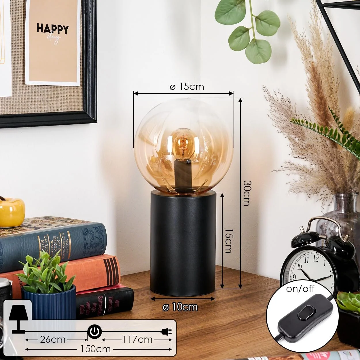 Настільна лампа HOFSTEIN Gastor Метал/Скло E14 15 см Black/Amber/Clear, фото №4