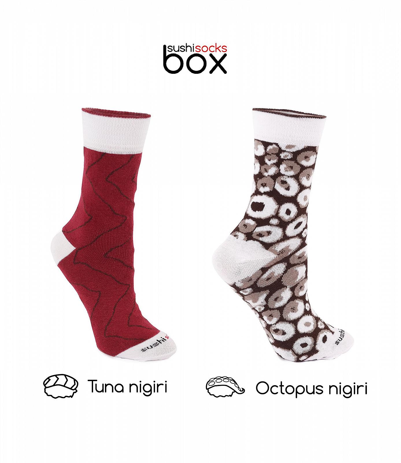 Носки Sushi Socks Box - 2 пары Тунец Осьминог Коричневый Нигири - Смешной подарок! Размер UK 7-11 EU 41-46, фото №3