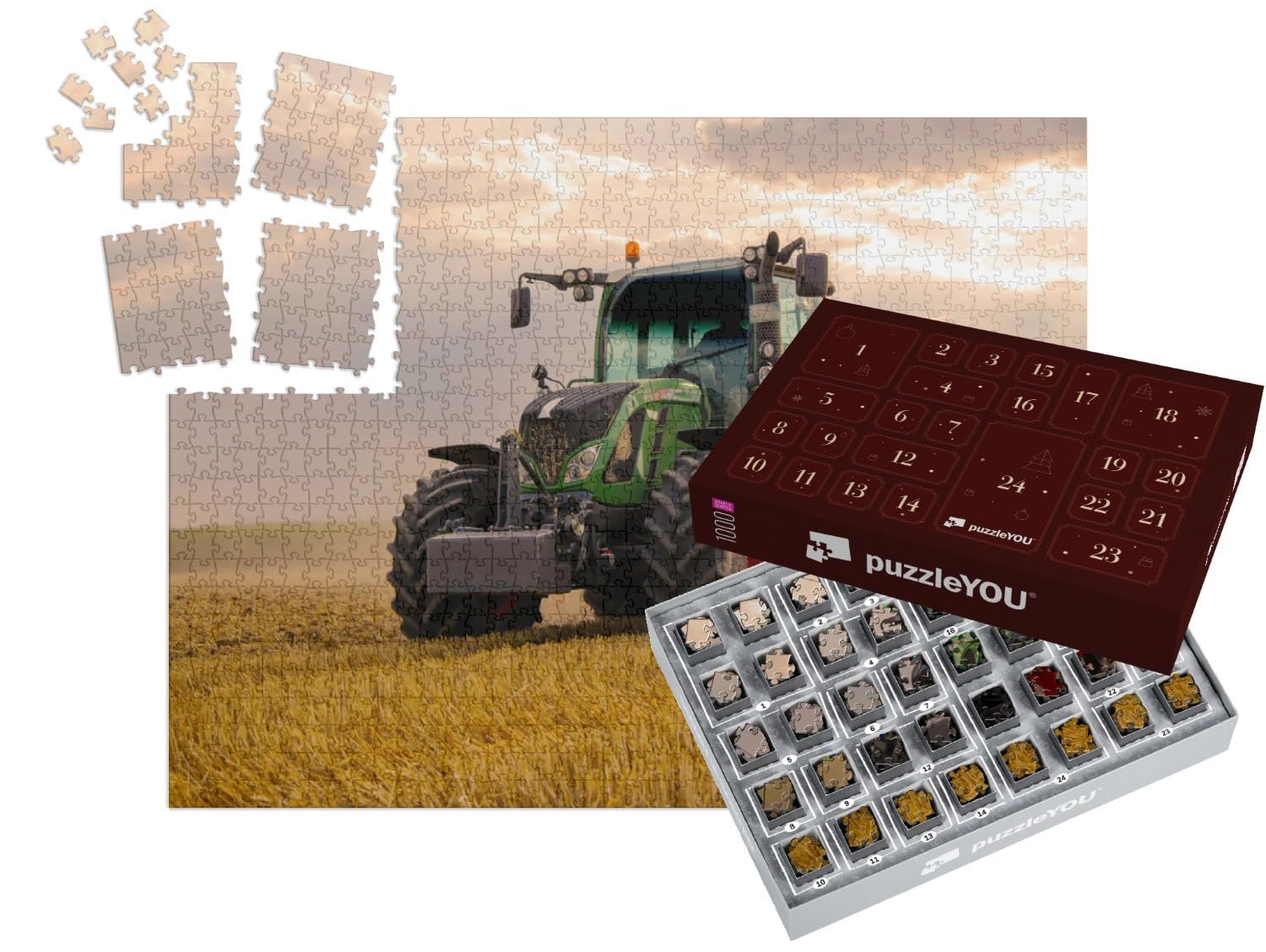 Адвент-календарь пазл puzzleYOU Tractors Collection "Green Tractor Plows A Grain Field, Sky with Clouds" 1000 элементов, фото №1