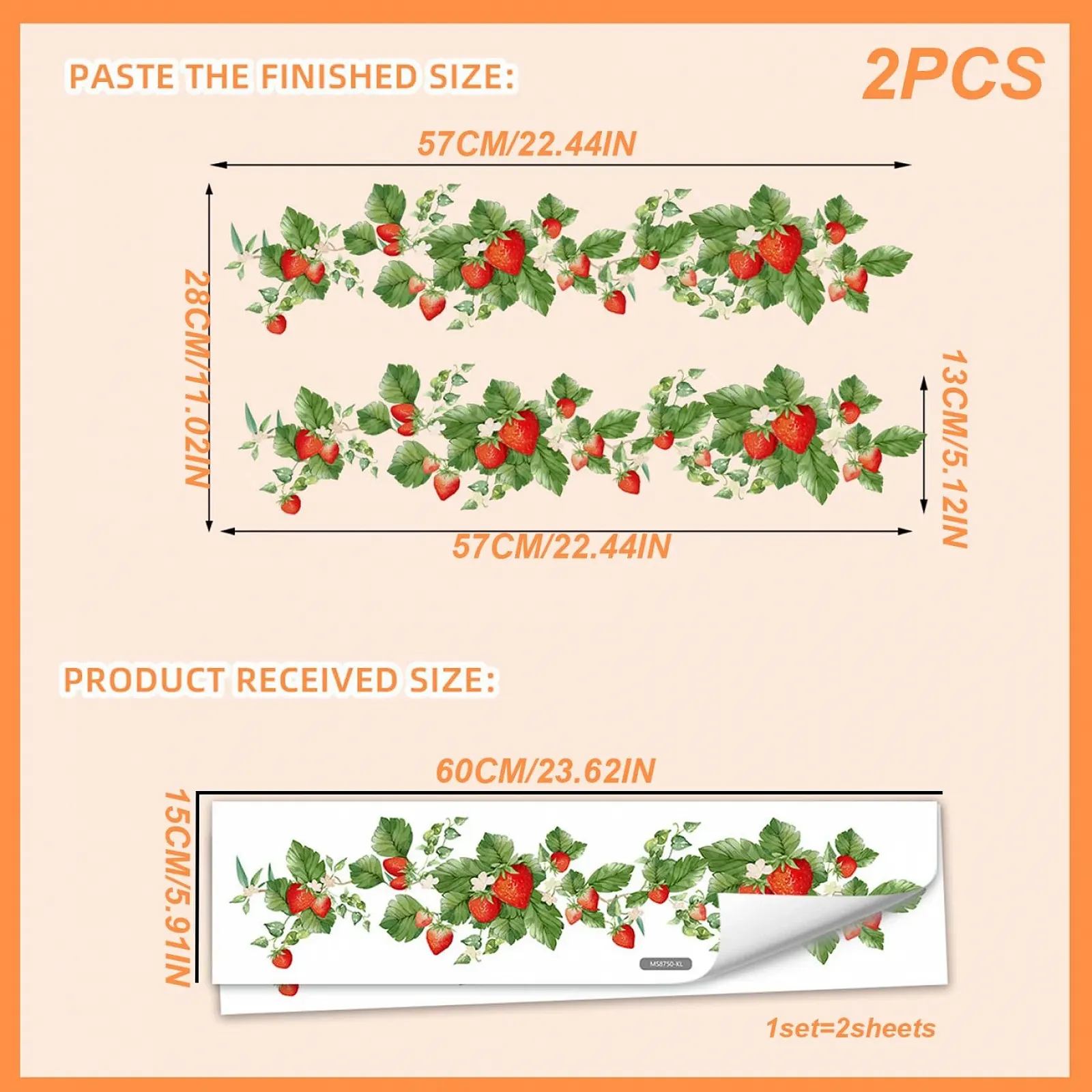 Наклейки на стіну Полуниця та лоза Самоклеючі 2 шт. 6 x 24 дюйми Червоний/Зелений, фото №5