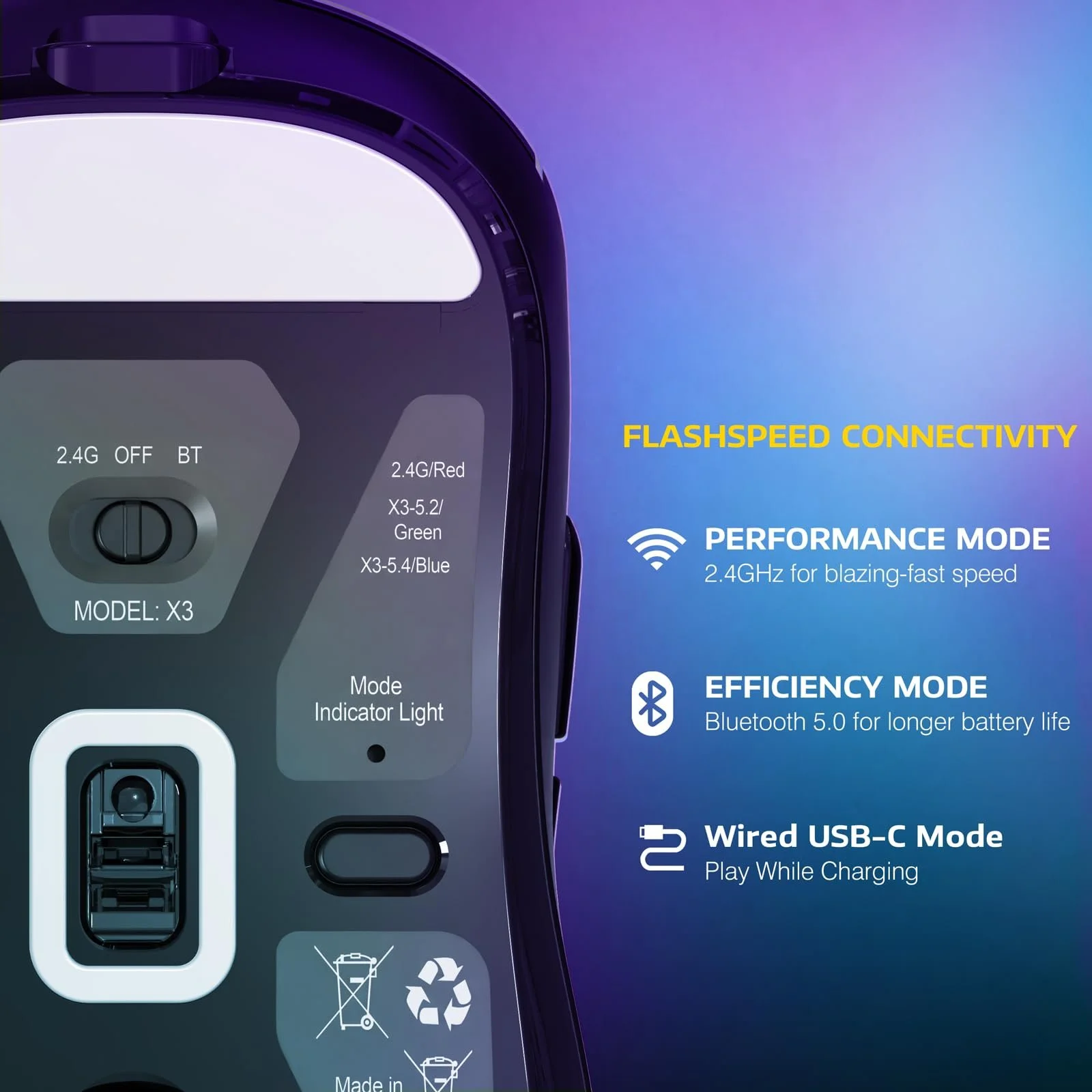 Мышь VGN GAMEPOWER x Attack Shark X3 Superlight Беспроводная Игровая, 49 г, ультралегкая, 26000 DPI, PixArt PAW3395, 2.4G/BT/проводная, ножки PTFE, до 200 часов работы, черная, фото №5