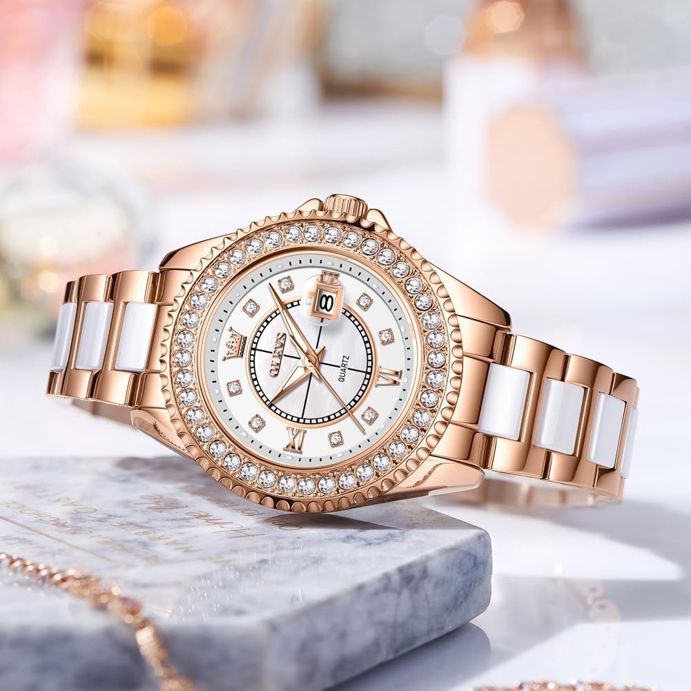 Жіночий годинник OLEVS Rose Gold Кераміка Мода Нержавіюча сталь Водонепроникний Дата, фото №2