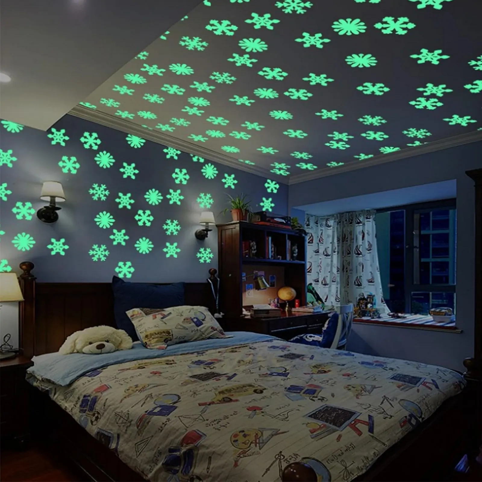 Наклейки на стіну Сніжинки 100 штук 3D Флуоресцентні Різнокольорові, фото №4