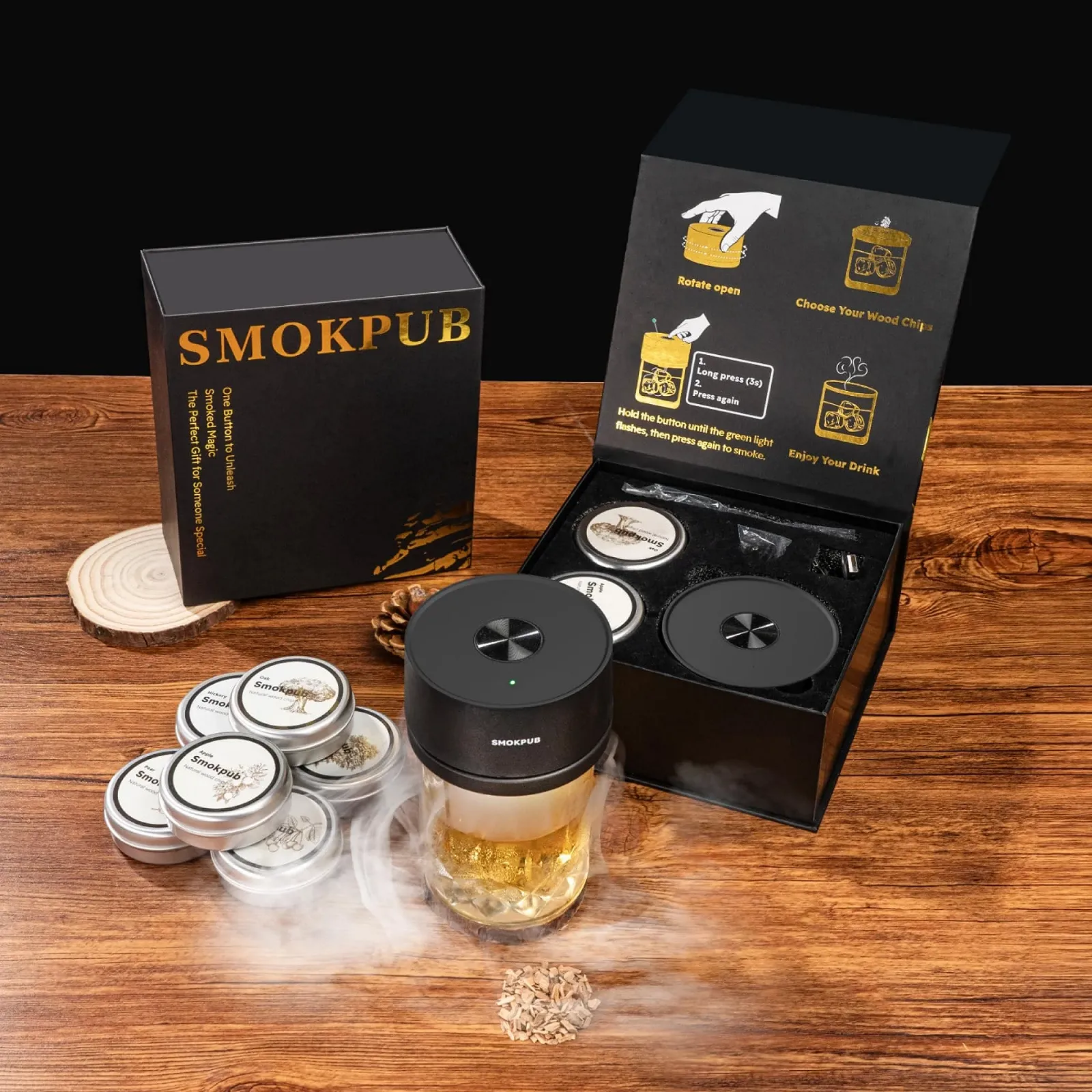 Електричний Набір для копчення віскі Smokpub, з 6 дерев'яною тріскою, вбудована запальничка, без потреби в бутані, фото №3