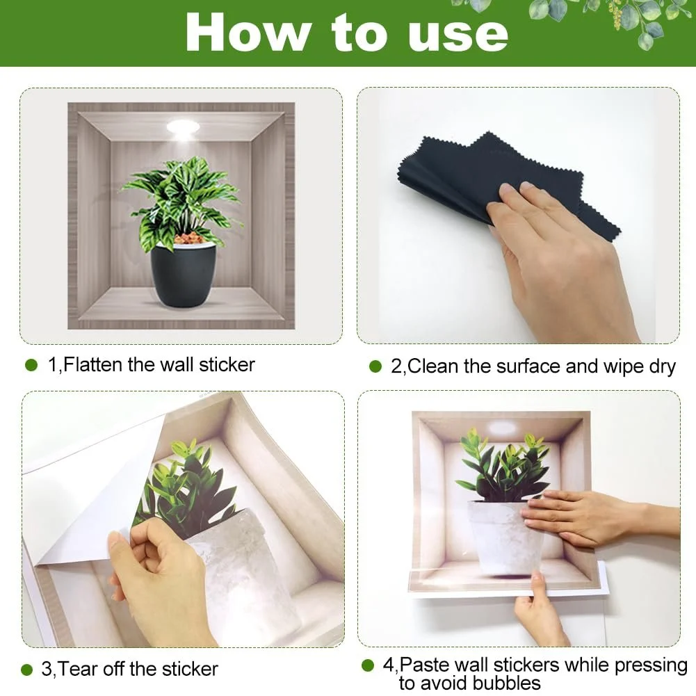 Наклейки на стіну 3D Рослини у горщиках 6 штук Зелений, фото №5