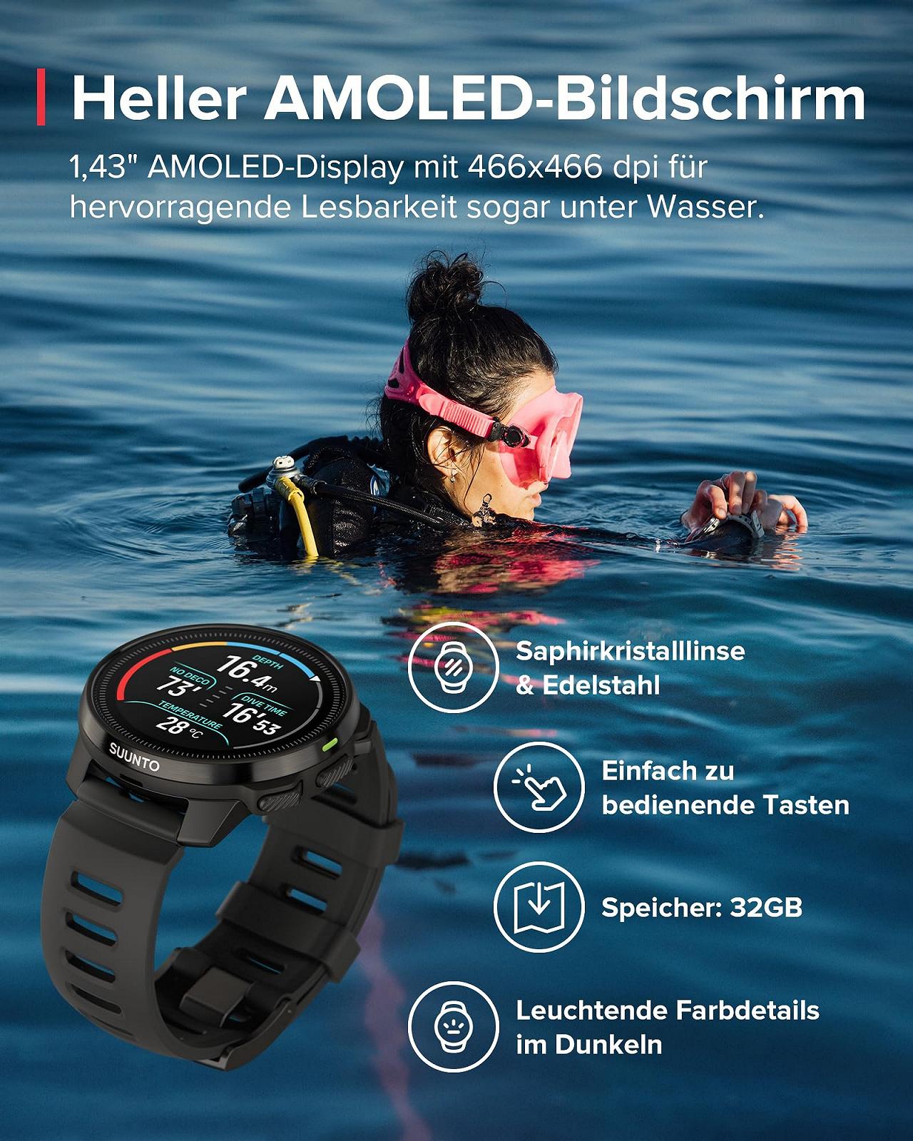 Смарт-годинник та спортивний годинник SUUNTO Ocean, AMOLED екран, водонепроникність 100 м, двочастотний GPS, автономна карта, 95+ видів спорту, відстеження HRV та якості сну, 40 годин роботи батареї в режимі дайвінгу, фото №2