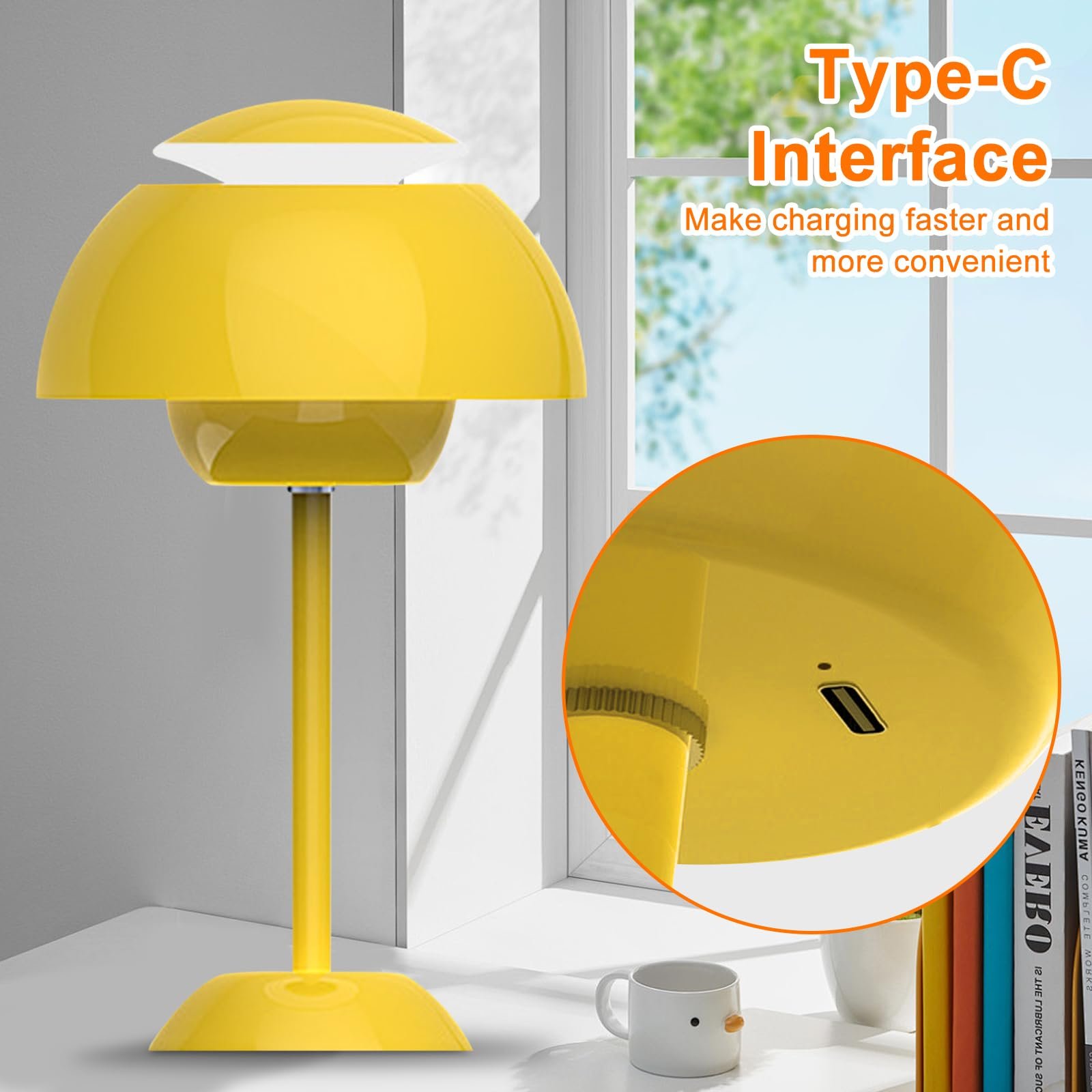 Настільна лампа LUPATDY Mushroom LED акумуляторна Touch 3 рівні яскравості Золотисто-жовта, фото №6